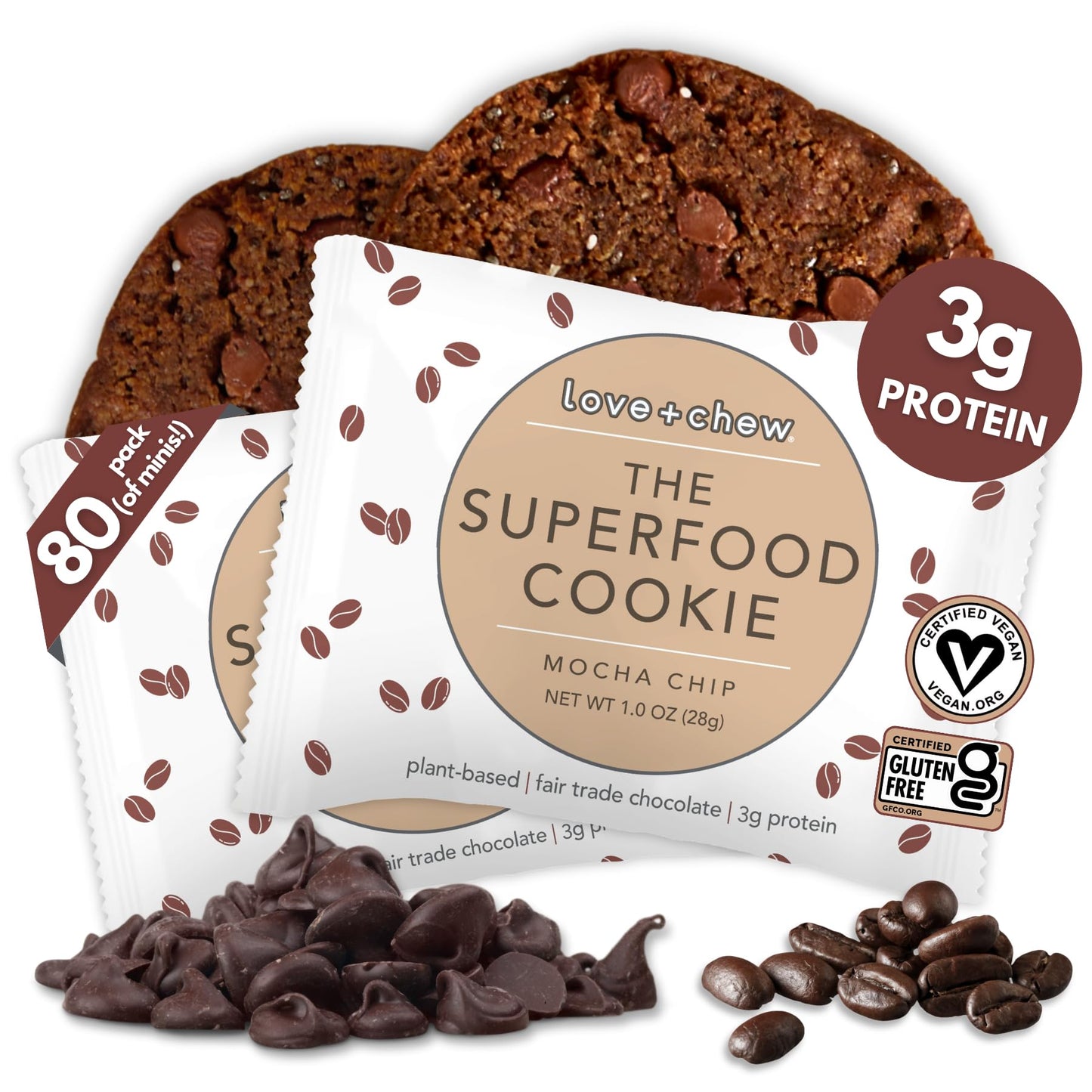 Love + Chew Mocha Chip Minis Bulk Box - Tasty, Gluten Free Cookies - Vegan, Healthy, Paleo, Non GMO - Individually Wrapped and S