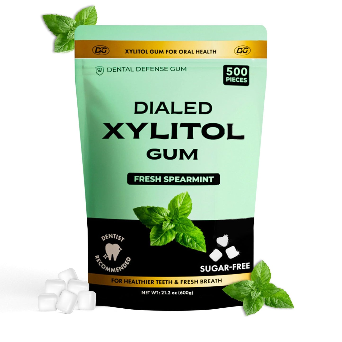 Dialed Xylitol Gum (500 Pieces) | 100% Xylitol | Healthy Dental Gum to Protect Teeth | Aspartame Free | Sugar Free  Gluten-Free  Vegan | Natural Spearmint Flavor