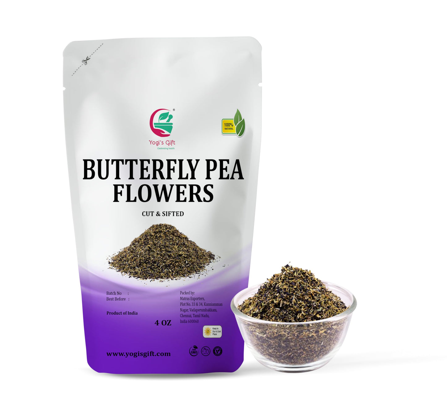 Butterfly Pea Flower 4 Oz, Loose Leaf Cut & Sifted (300+ Cups), Non-Gmo Dried Flowers, Natural Blue, Purple Drinks & Food Coloring, Enhanced Quality, By Yogi’S Gift®