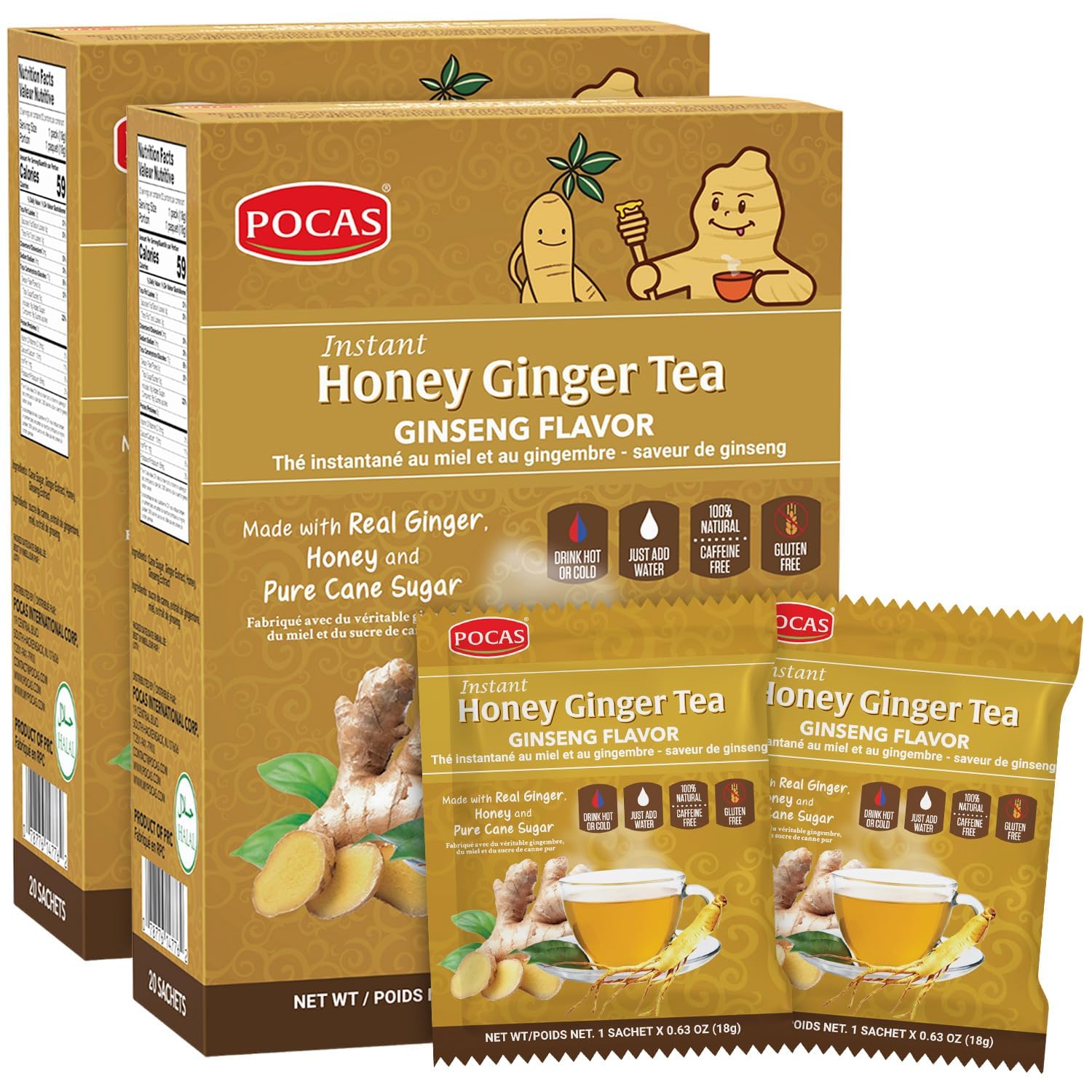 Pocas Honey Ginger Instant Tea Powder, Ginseng Flavor, Caffeine-Free, 20 Count (Pack of 2)