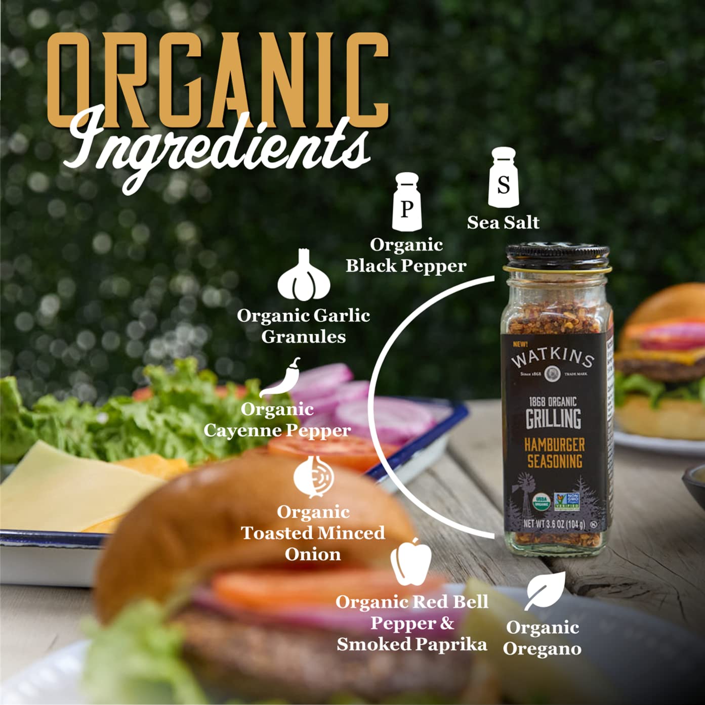 Watkins Organic Grilling Hamburger Seasoning, Non-GMO, Kosher, 3.6 Oz, 1-Pack