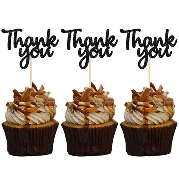 Gyufise 36 Pack Thank You Cupcake Toppers Black Glitter Thanksgiving Cupcake Picks Decorations For Baby Shower Boys Girls Birthd