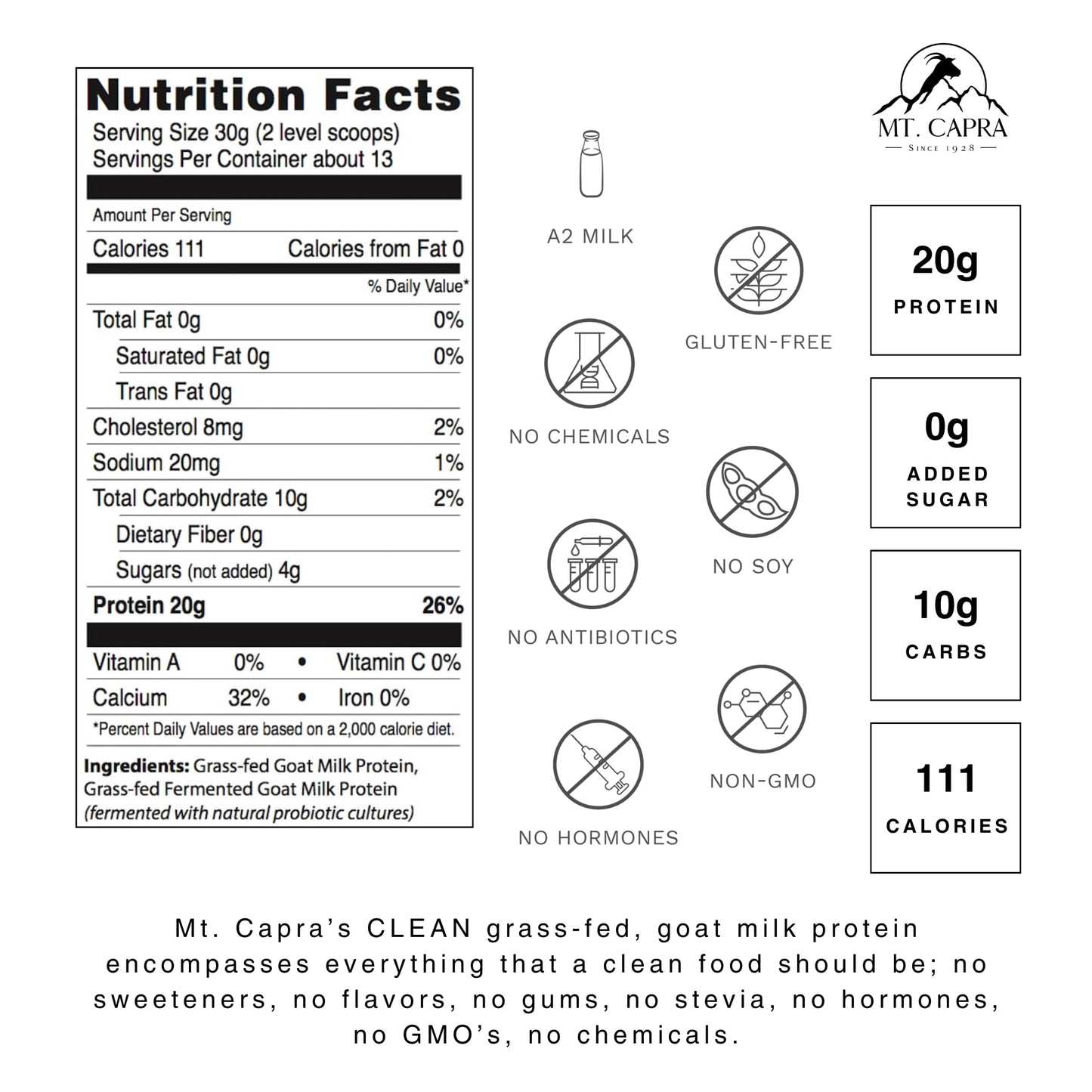 Mt. Capra Clean Whole Protein + Fermented Protein | Easy to Digest Whey and Casein Protein from Grass-Fed Goats | 20 g Protein p