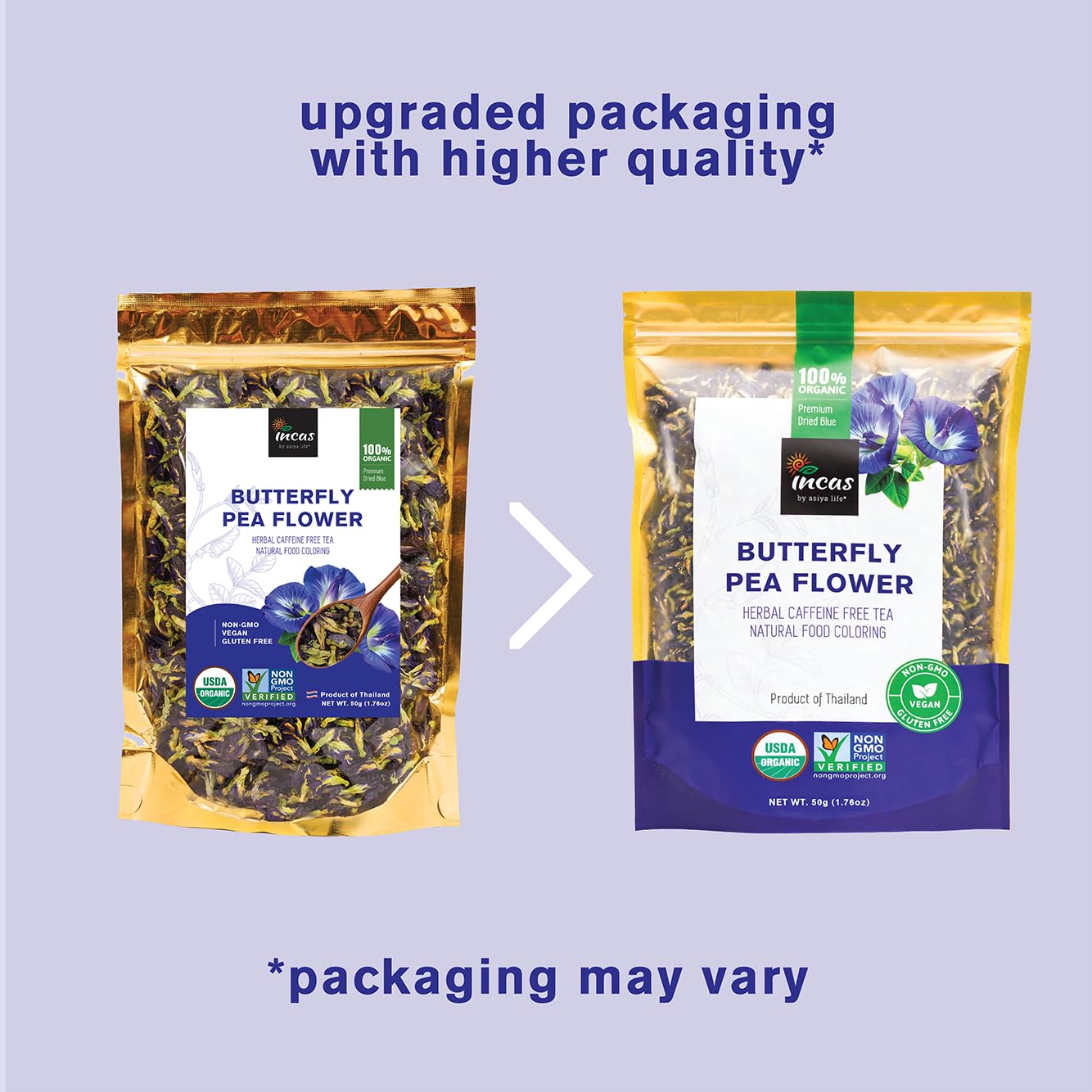 INCAS 100% USDA Organic Butterfly Pea Flower 1.76 oz (150+ Cups) DIRECT FROM SOURCE Thailand Non GMO Verified Dried Caffeine Free Gluten Free Vegan Rich in Antioxidants Free eBook (50G)