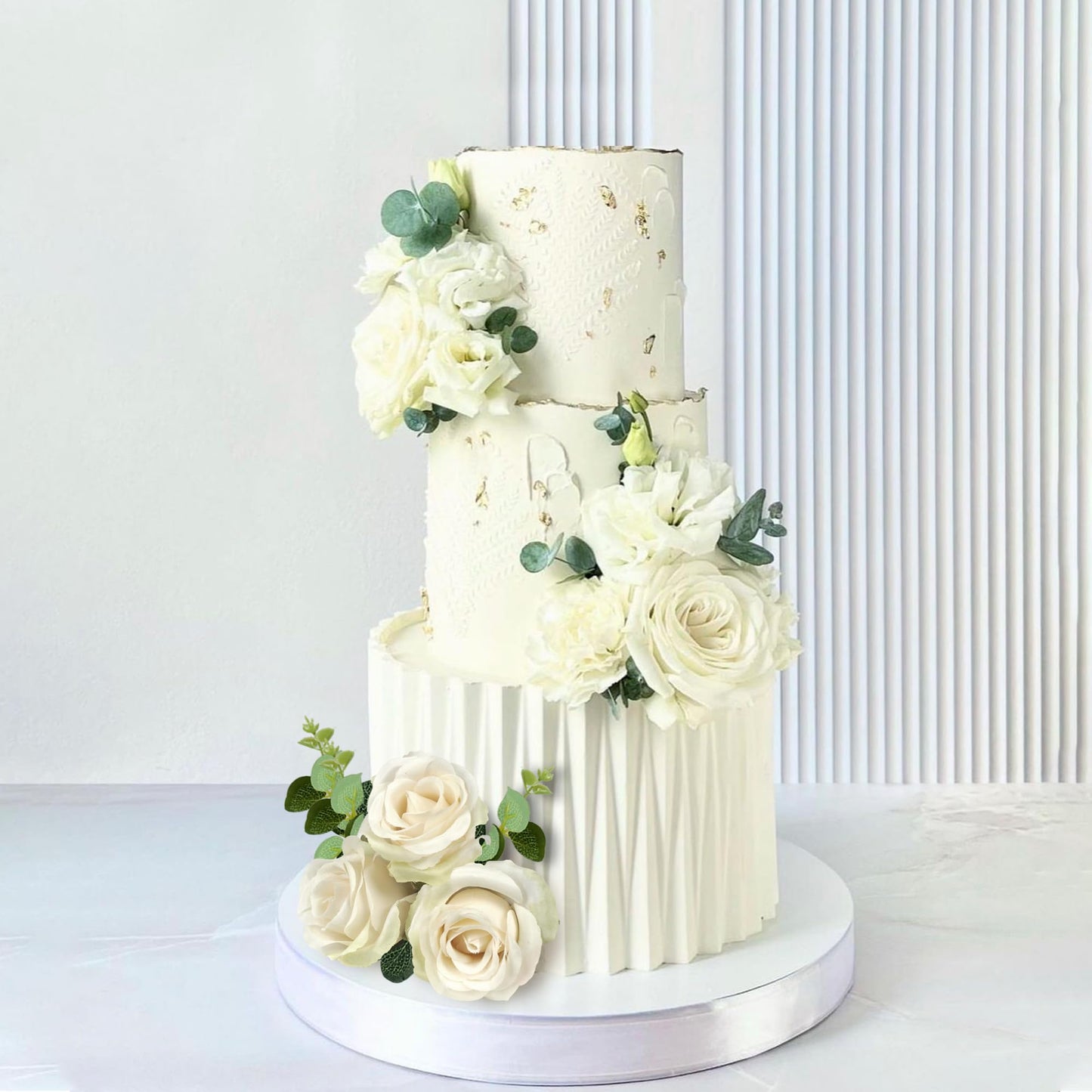 DRWATE Flower Cake Toppers Artificial White Rose Eucalyptus Decorations for Birthday, Wedding, Baby Shower, Boho Party Supplies