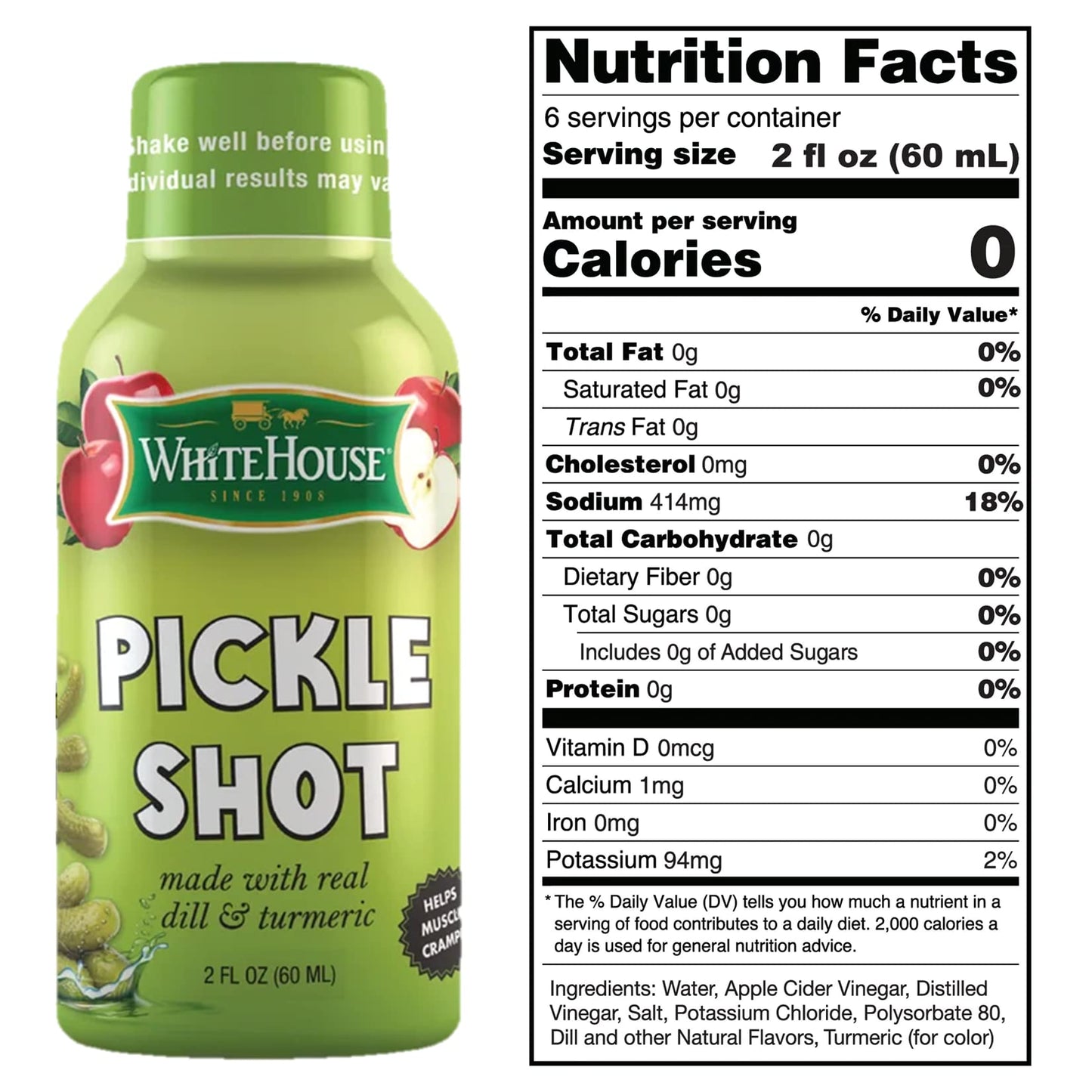 White House Pickle Shots with Dill & Turmeric, Hydrating Juice, 2 Fl Oz (Pack of 6)