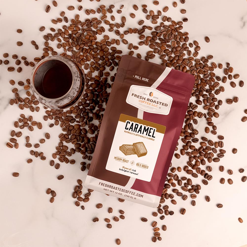 Fresh Roasted Coffee, Caramel Flavored Coffee, 12 Oz, Medium Roast, Kosher, Whole Bean