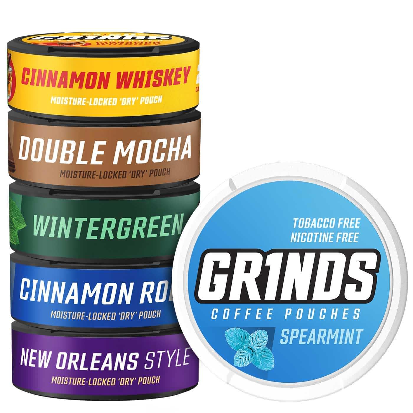 Grinds Coffee Pouches | New 6 Can Sampler | Wintergreen  Spearmint  Cinnamon Roll | 2X Energy Blend: Mocha  Mint Chocolate  New Orleans | Herbal Product & Nicotine Free