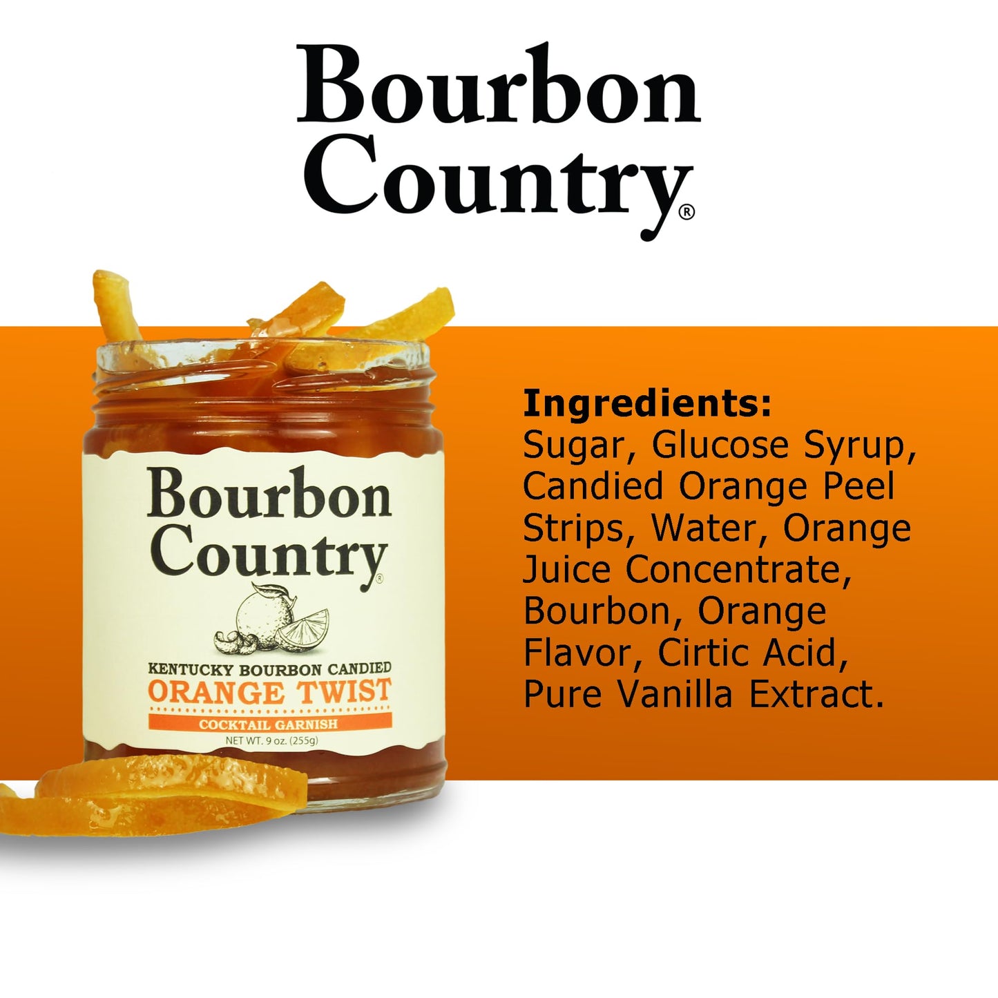 Bourbon Country Candied Orange Twist Cocktail Garnish, 9 oz - Ideal for Old Fashioned, Martini, Mojito, Baking, Desserts, Orange
