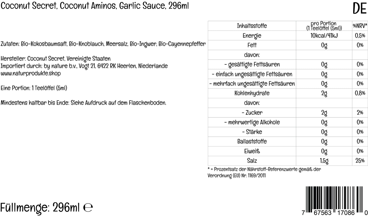 COCONUT SECRET Aminos Garlic Sauce, Low Sodium Soy & Glycemic, Gluten Free, Organic, Vegan, Non-GMO - 60 Total Servings, 10 Fl O