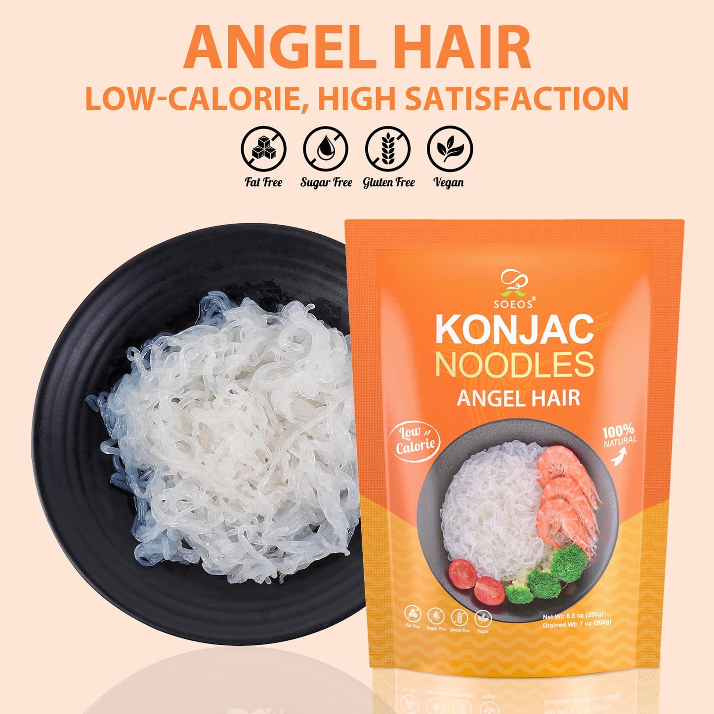 Soeos Konjac Noodles, Angel Hair Pasta, Low Calorie, Low Carb, Keto And Paleo Friendly Shirataki Noodle, Gluten-Free, Fat Free,