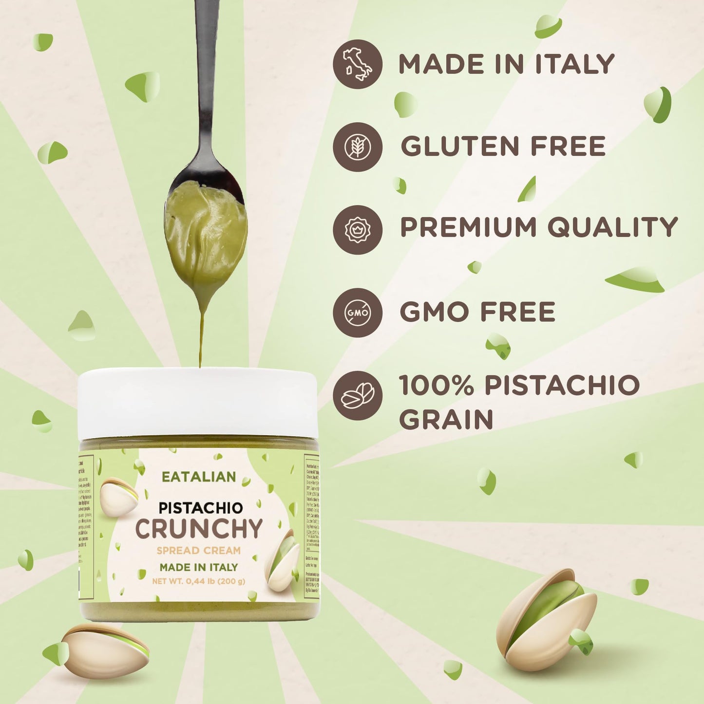 Eatalian By Amz Better Spreadable Crunchy Pistachio Cream 7 Oz/200 Gr, Pistachio Cream With Grains, Protein Paste, Sweet Taste,
