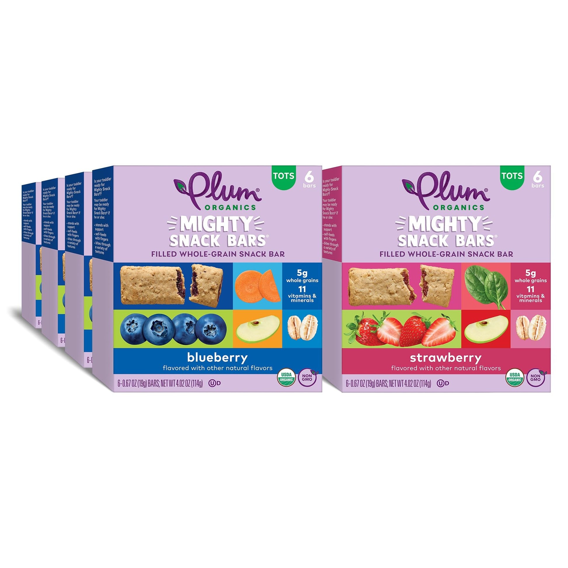 Plum Organics Mighty Snack Bars Variety Pack - Blueberry and Strawberry - 0.67 oz Bars (Pack of 48) - Organic Fruit and Vegetabl