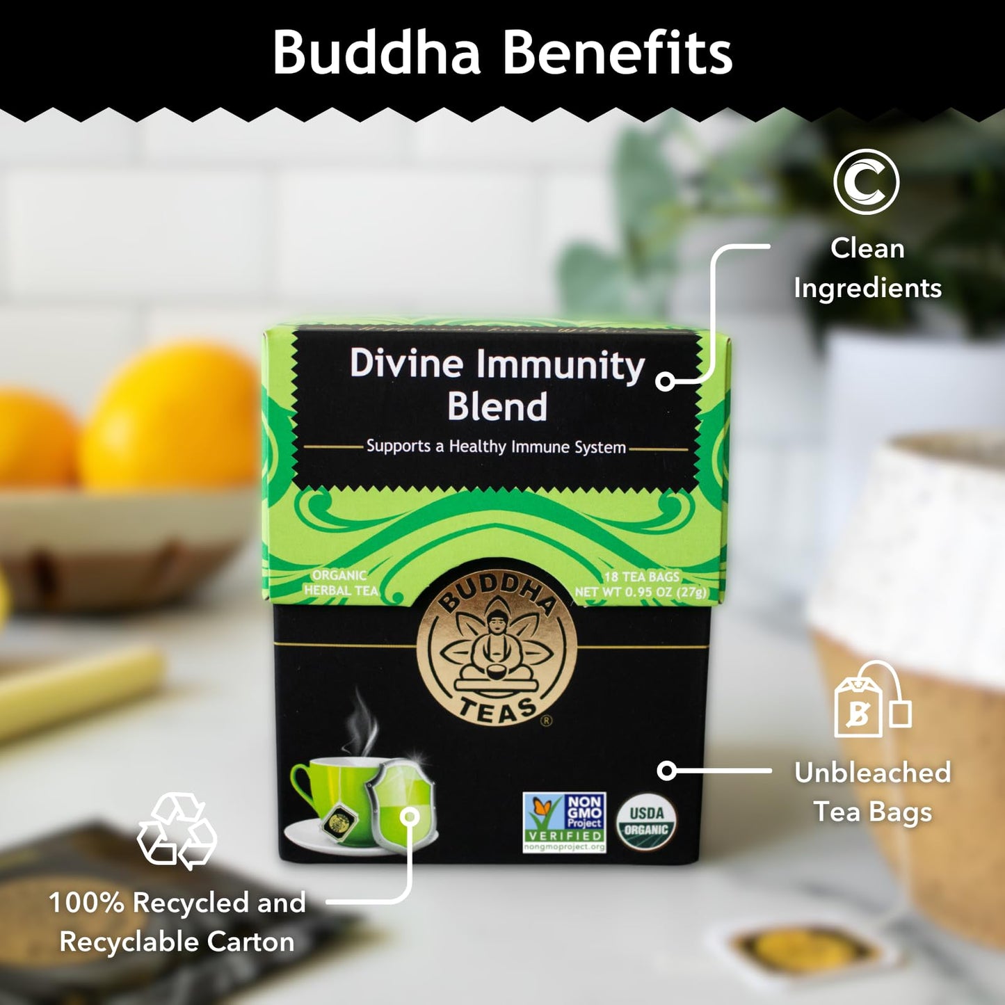Buddha Teas - Organic Divine Immunity Blend - Herbal Tea - For Health & Wellbeing - With Antioxidants & Minerals - Clean Ingredients - Caffeine Free - Ou Kosher & Non-Gmo - 18 Tea Bags (Pack Of 1)