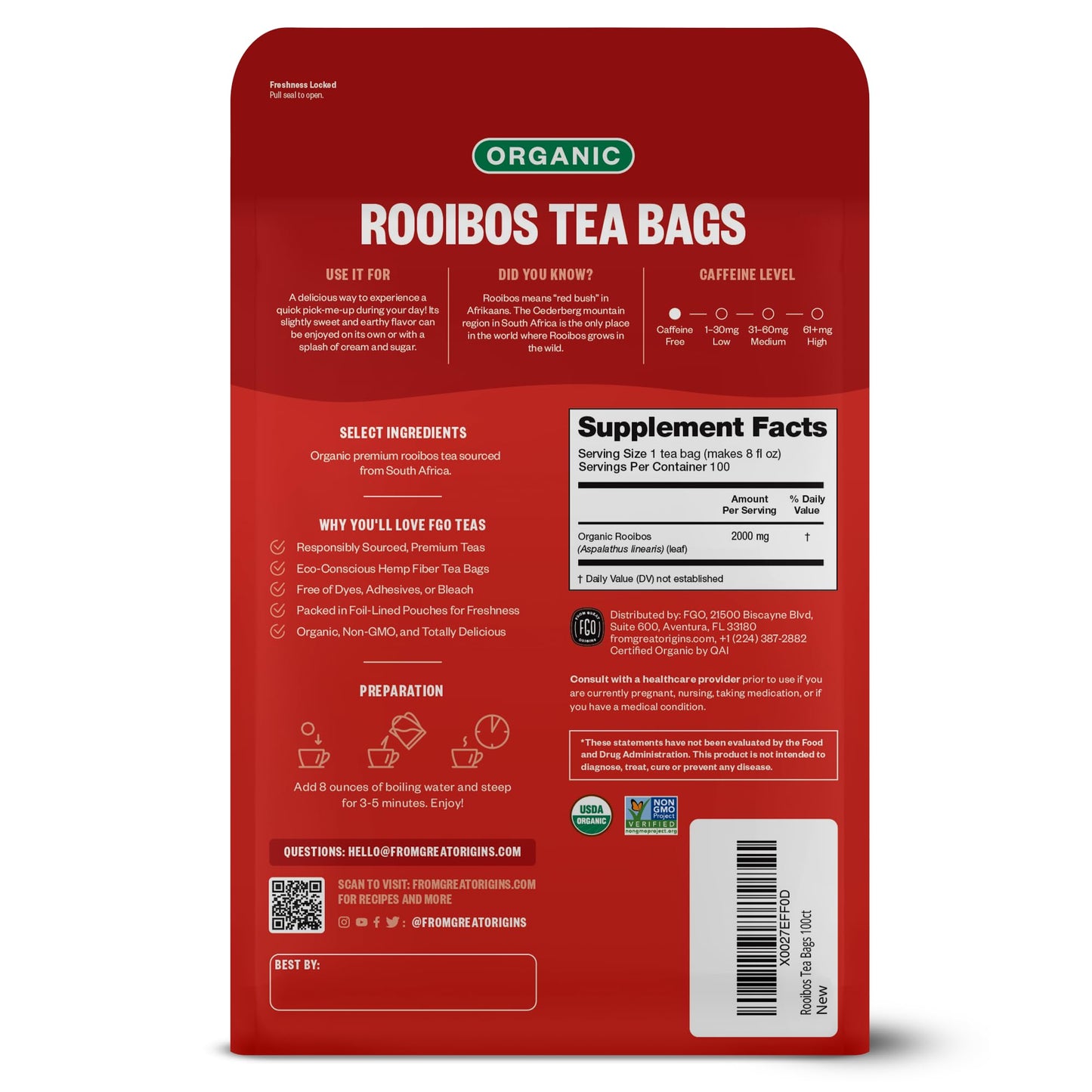 Fgo Organic Rooibos Tea, Eco-Conscious Tea Bags, 100 Count, Packaging May Vary (Pack Of 1)