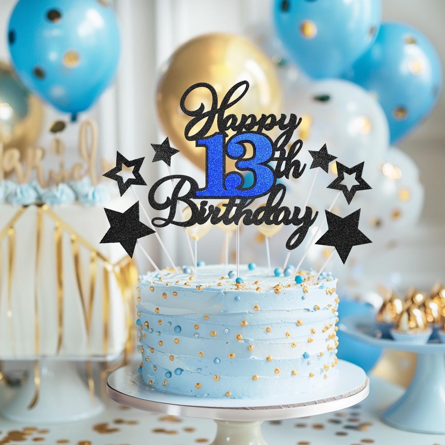 Happy 13Th Birthday Cake Toppers, Black Blue Glitter Cake Decorations Set, 13Th Birthday Decor, Birthday Anniversary Party Decor