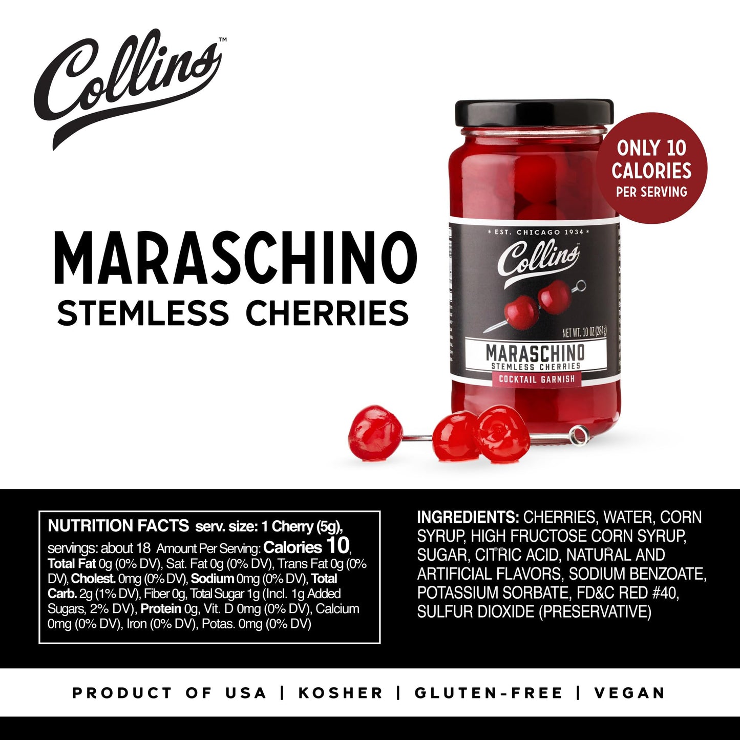 Collins Stemless Maraschino Cherries, Gourmet Snacking for Cocktails & Desserts, 10oz, Set of 1