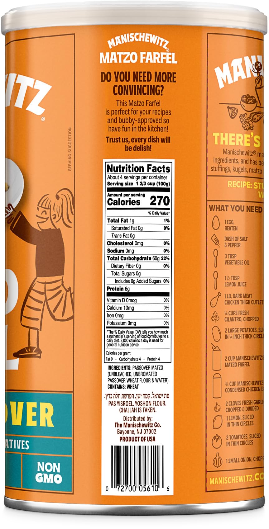 Manischewitz Matzo Farfel, 14Oz Resealable Canister, Sodium Free, No Artificial Colors Or Flavors, Non Gmo, Kosher For Passover
