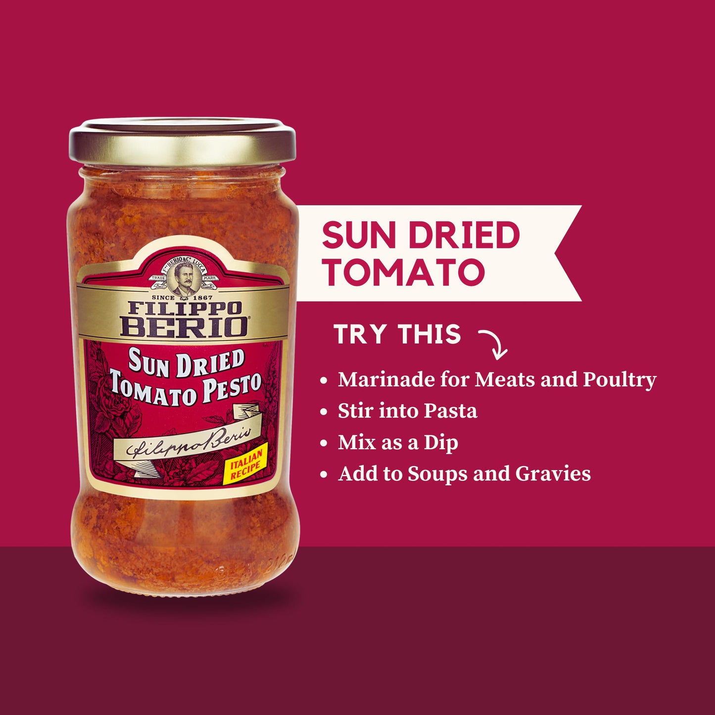 Filippo Berio Pesto, Sun Dried Tomato, 6.7 Ounce Glass Jar, Pack Of 6