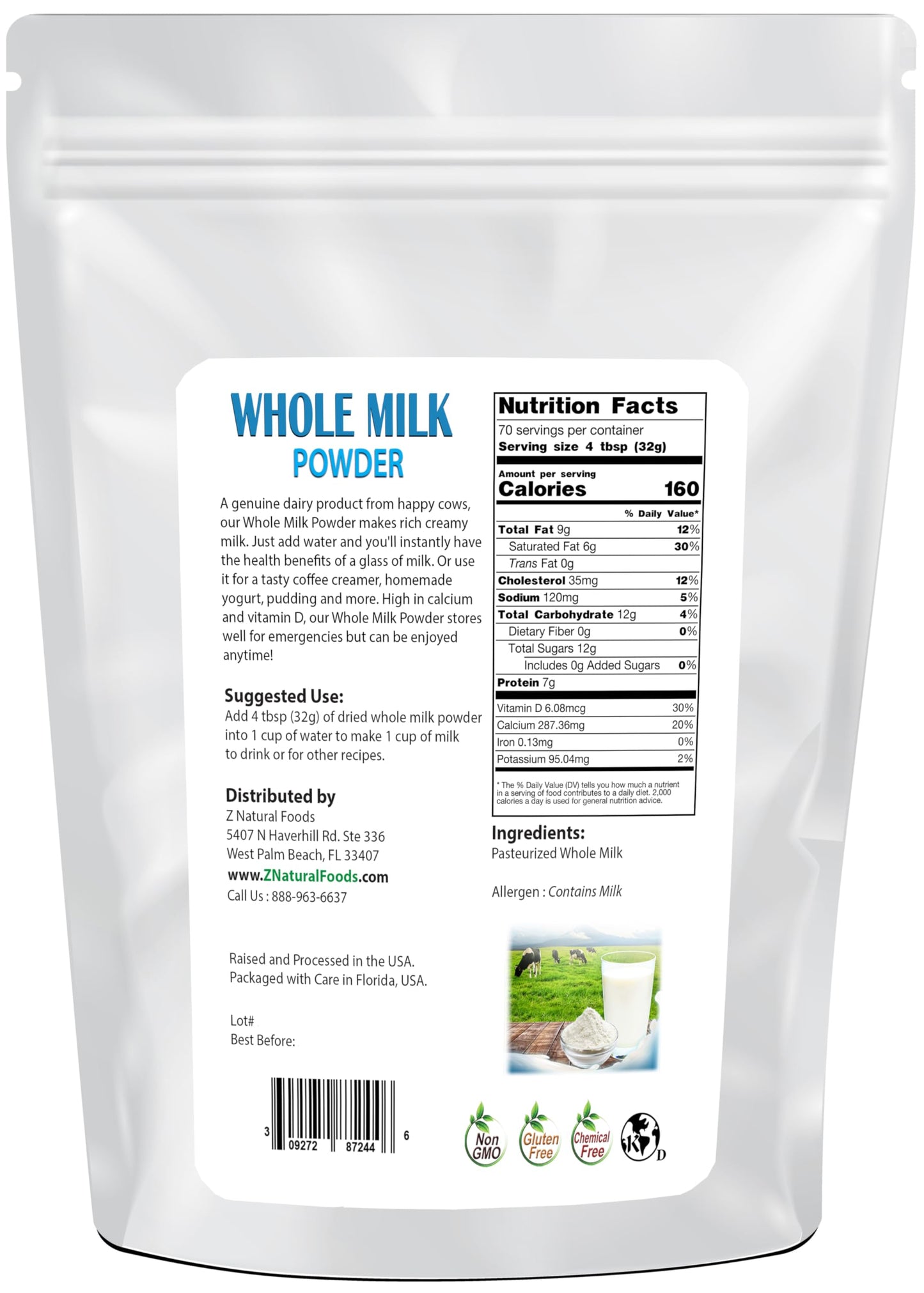 Z Natural Foods Whole Milk Powder - Non-GMO, Gluten-Free, Kosher, 80 Ounce