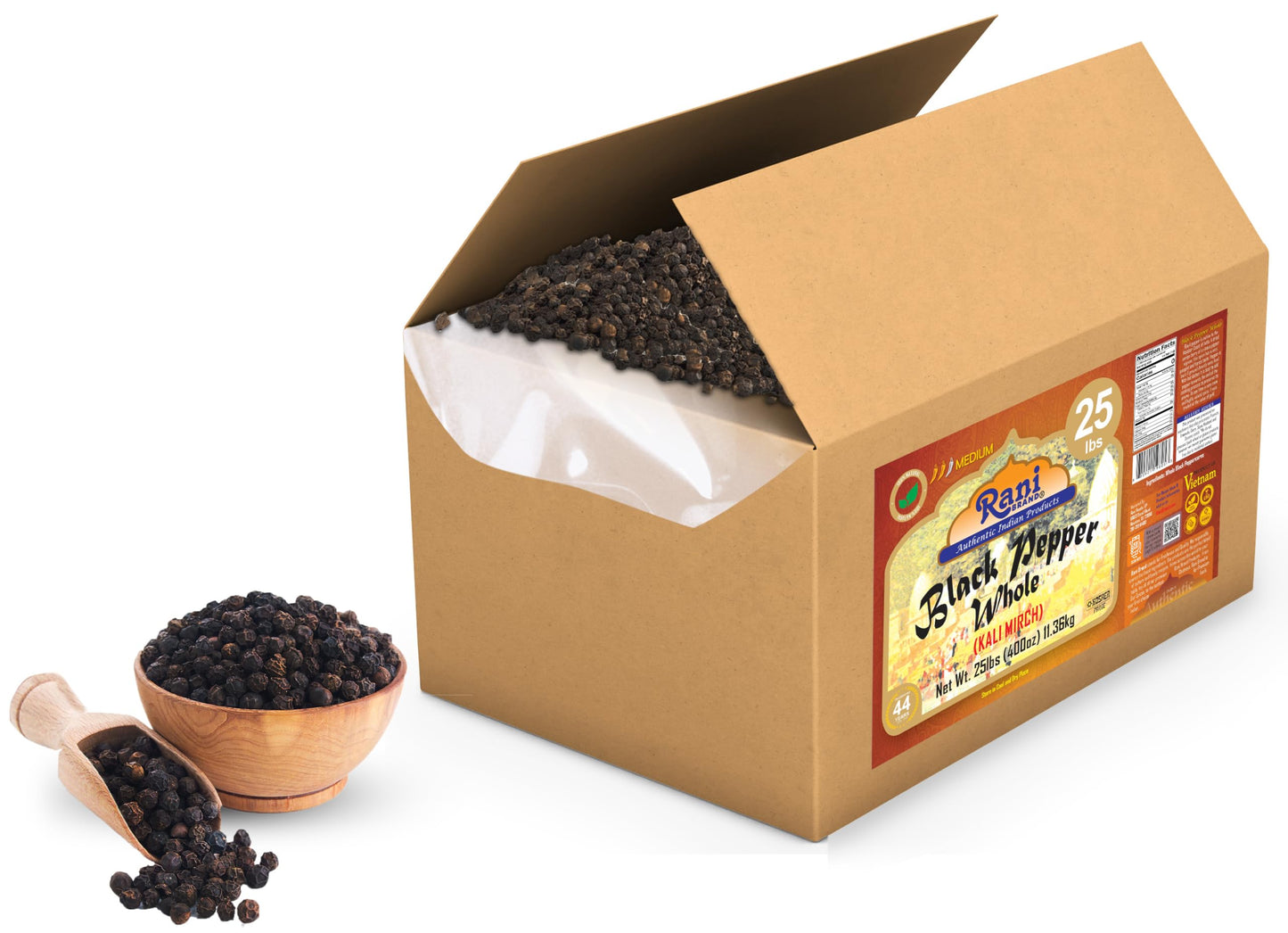 Rani Black Pepper Whole (Peppercorns), Premium Mg-1 Grade 400Oz (25Lbs) 11.36Kg Bulk Box ~ All Natural | Gluten Friendly | Non-Gmo | Kosher | Product Of Vietnam | Perfect Size For Grinders!