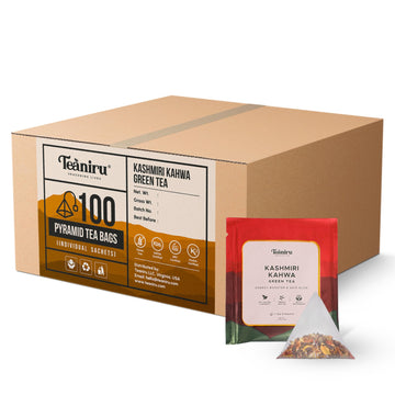 Teaniru, Kashmiri Kahwa Tea - 100 Pyramid Tea Bags, Individual Sachets | Green Tea With 100% Natural Spices - Supports Healthy D