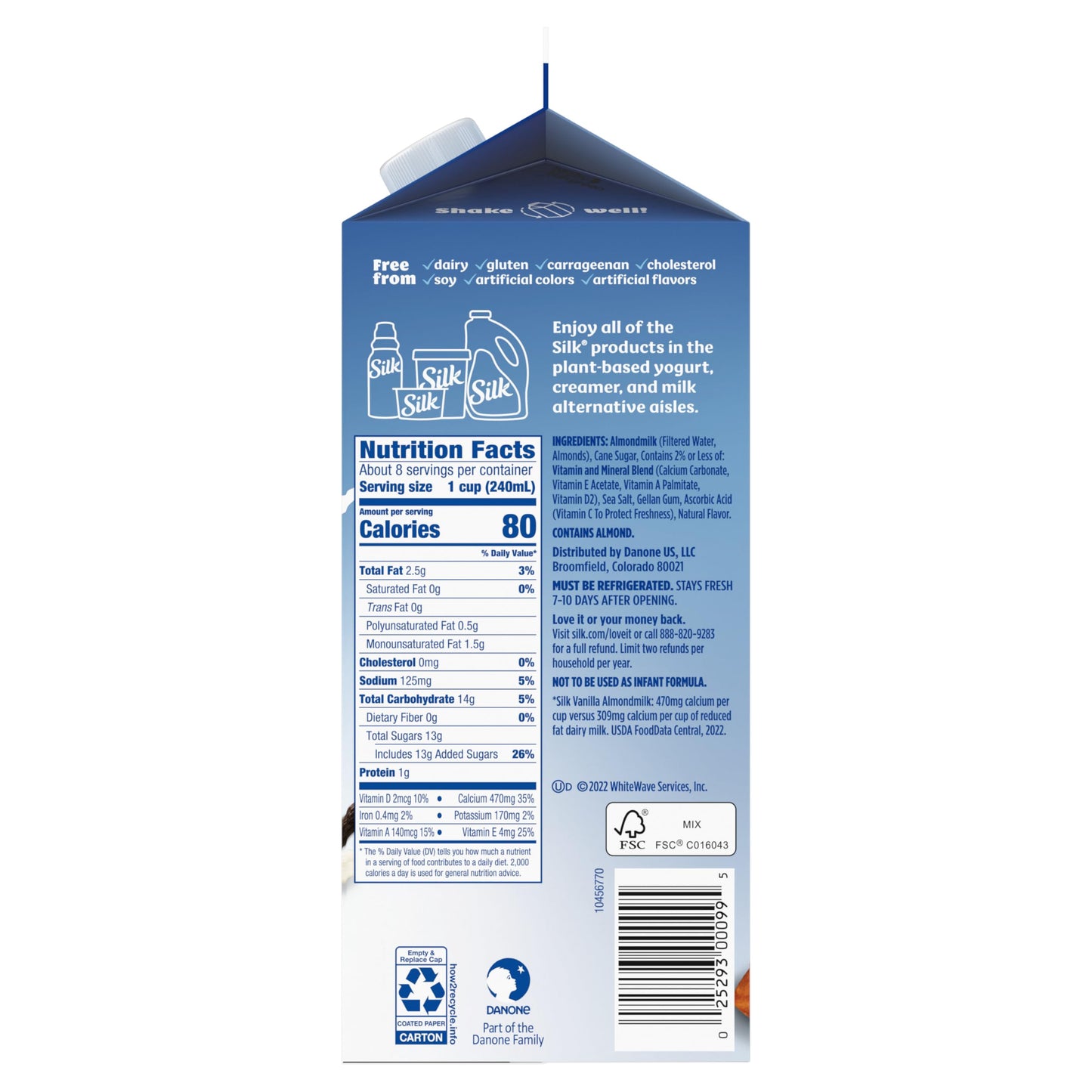 Silk Almond Milk, Vanilla, Dairy Free, Gluten Free, Seriously Creamy Vegan Milk with 50% More Calcium than Dairy Milk, 64 FL OZ