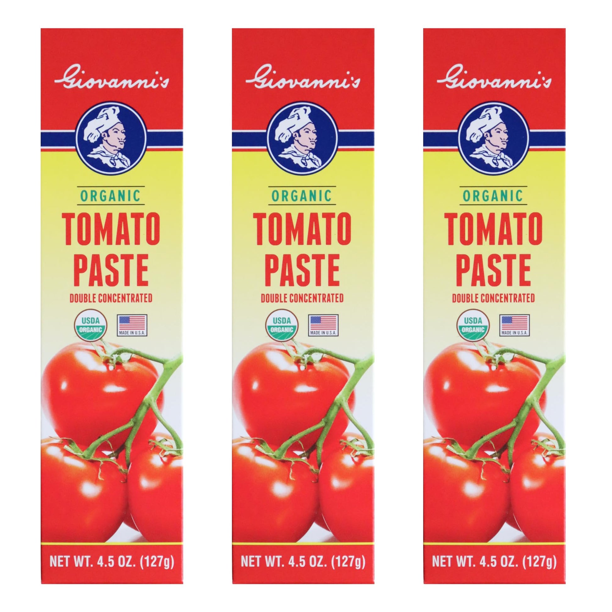 Giovannis Organic Double Concentrated Tomato Paste - 3 Pack (4.5 oz Tubes) | Made in the USA with San Joaquin Valley Vine-Ripene