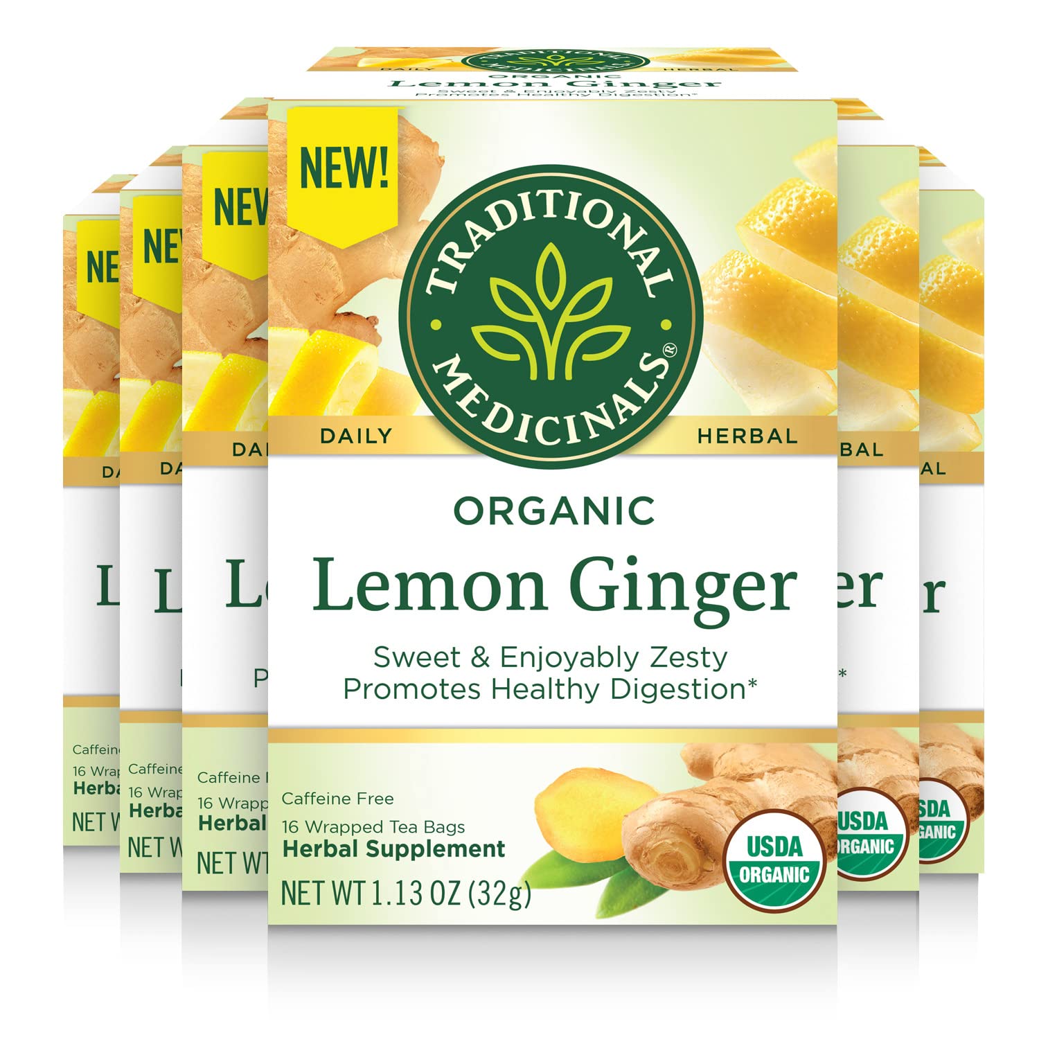 Traditional Medicinals Tea, Organic Lemon Ginger, Promotes Healthy Digestion, 96 Tea Bags (6 Pack)