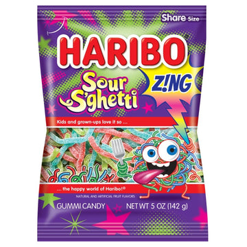 Haribo Gummi Candy, Z!Ng Sour S’Ghetti, Sour Gummy Candy, 5 Ounce Bag (Pack Of 12) Delicious Soft & Chewy Snacks, Assorted Fruity Flavors