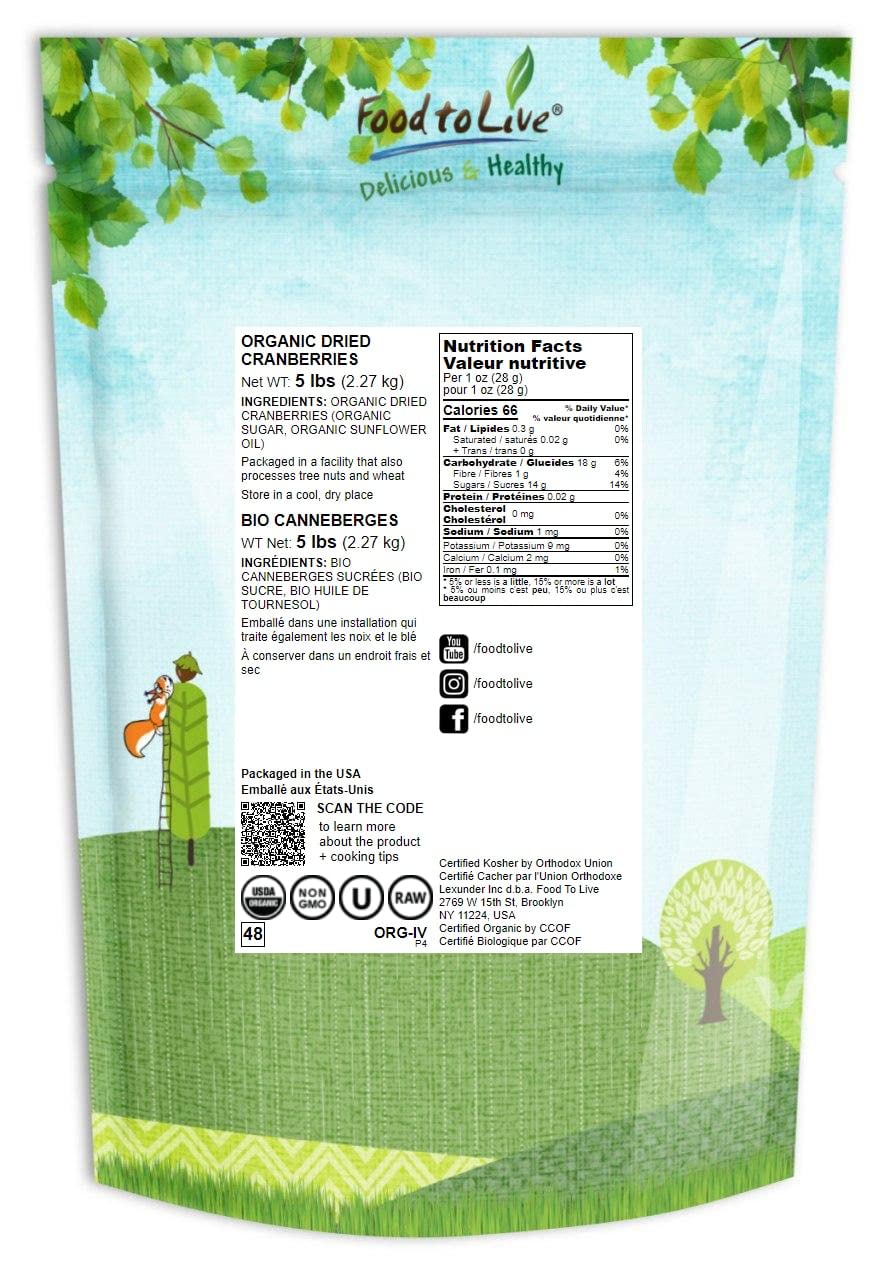 Food to Live Organic Dried Cranberries, 5 Pounds - Non-GMO, Kosher, Unsulfured, Bulk