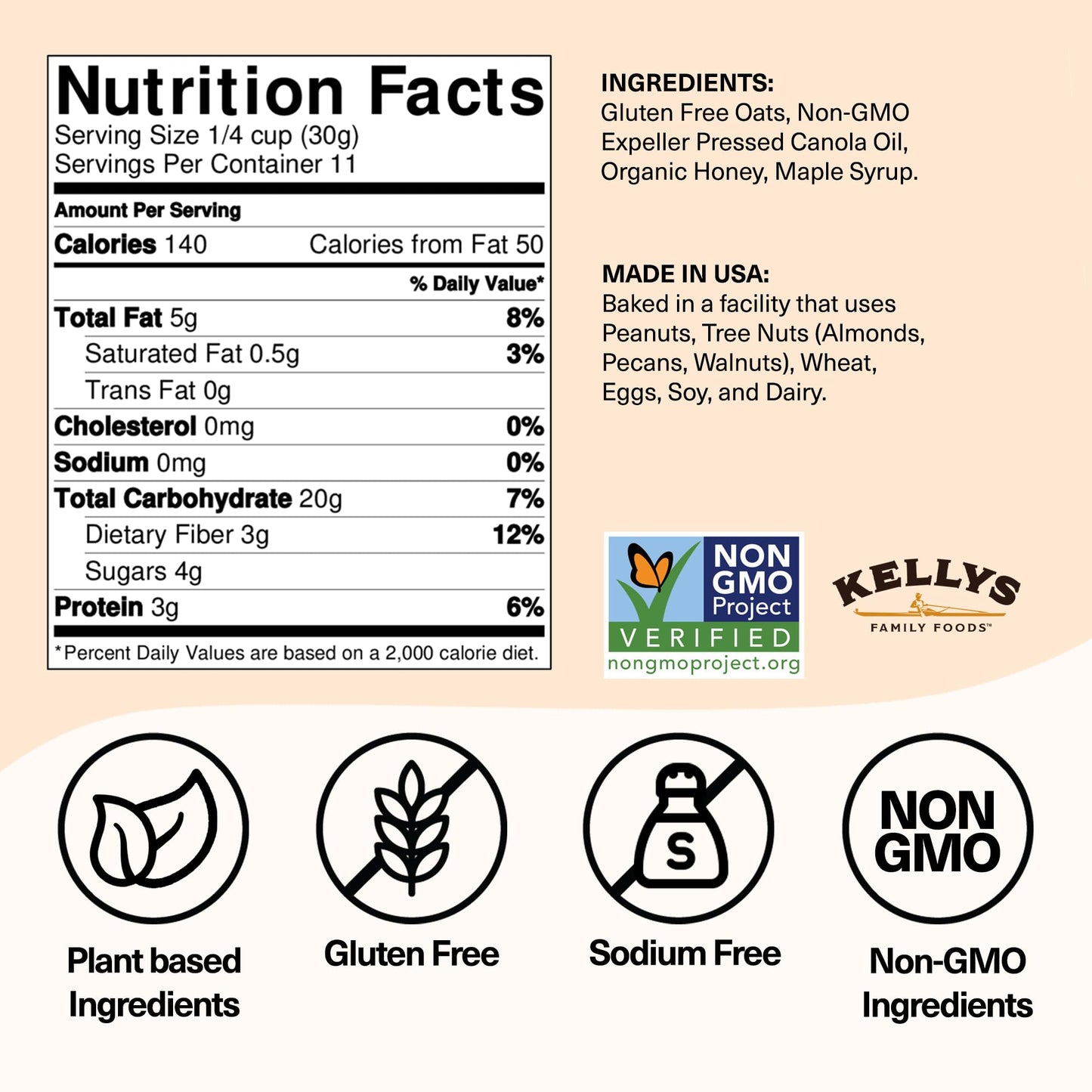 Kellys Four Plus Healthy Granola Cereal, Honey Maple, Non-GMO, Low Sugar, 12oz