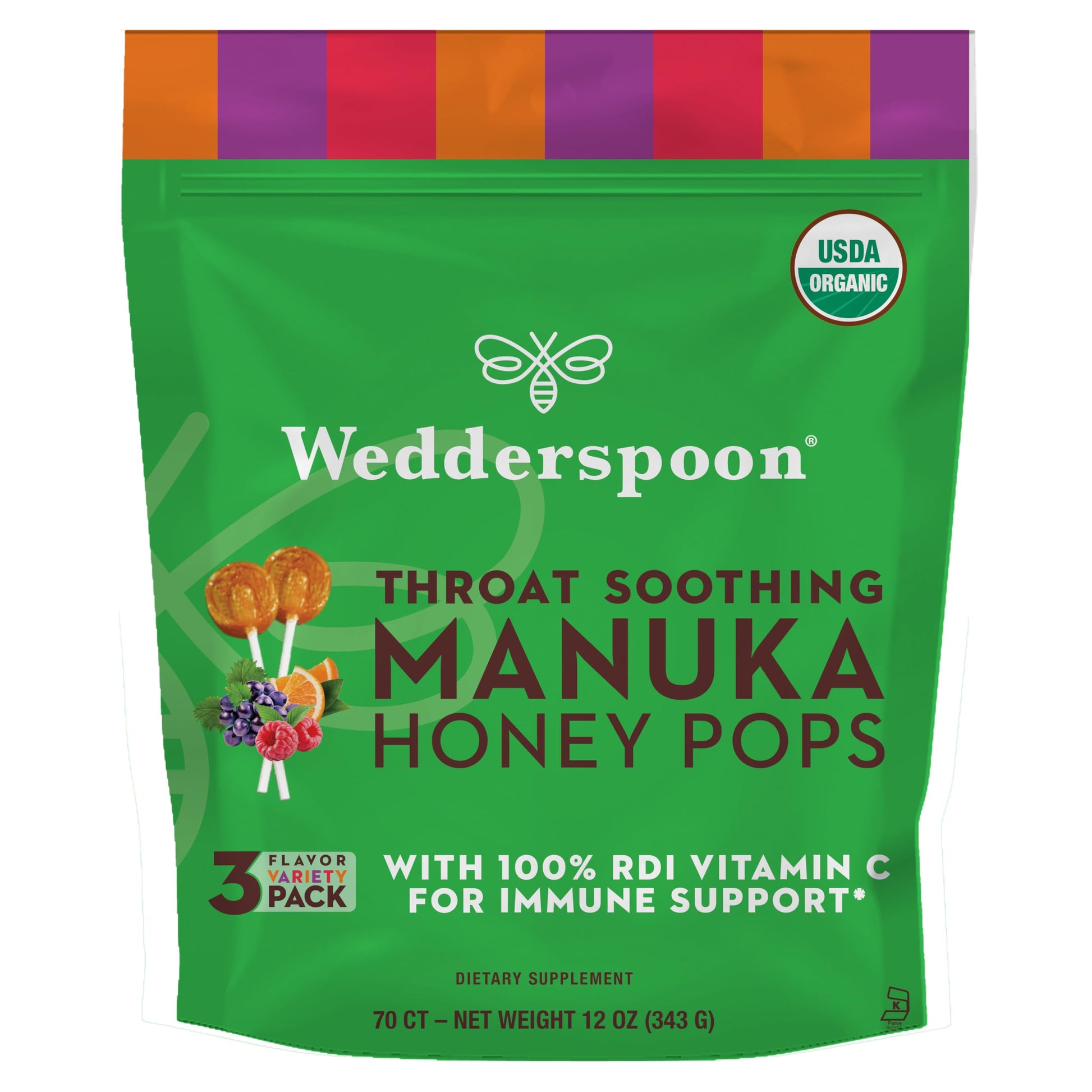 Wedderspoon Organic Manuka Honey Lollipops, Variety Pack, 70 Count (Pack of 1) Genuine Manuka Honey + Vitamin C No Artificial Fl