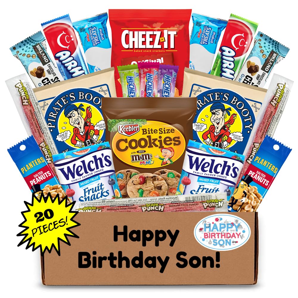 Hangry Kit Birthday Snack Box For Your Son - (20 Count) Happy Birthday Gift Basket Care Package - Contains Birthday Snacks, Cook