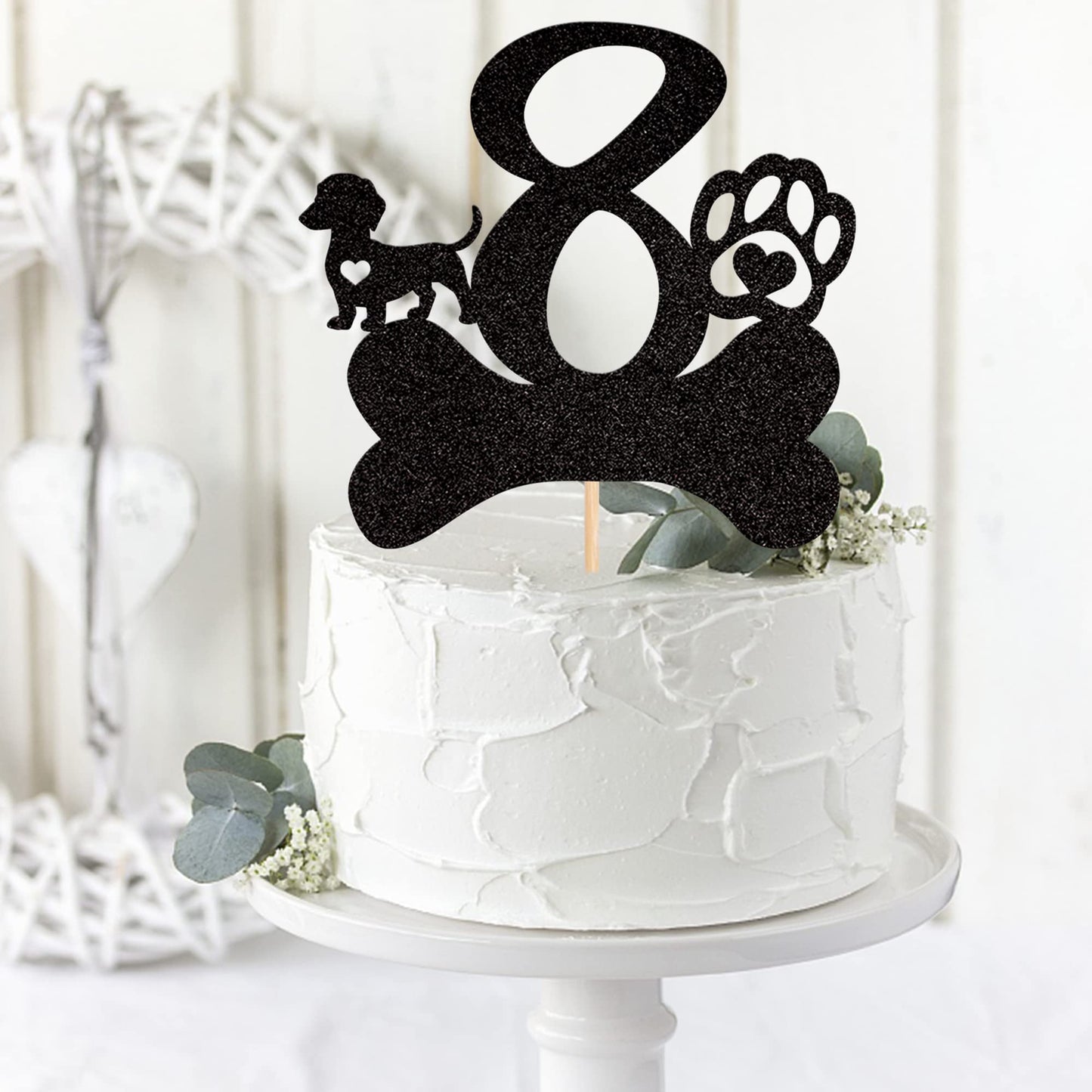 ZHUOWEISM 8th Birthday Cake Topper Black Glitter Dog Paw for Kids Party Decorations