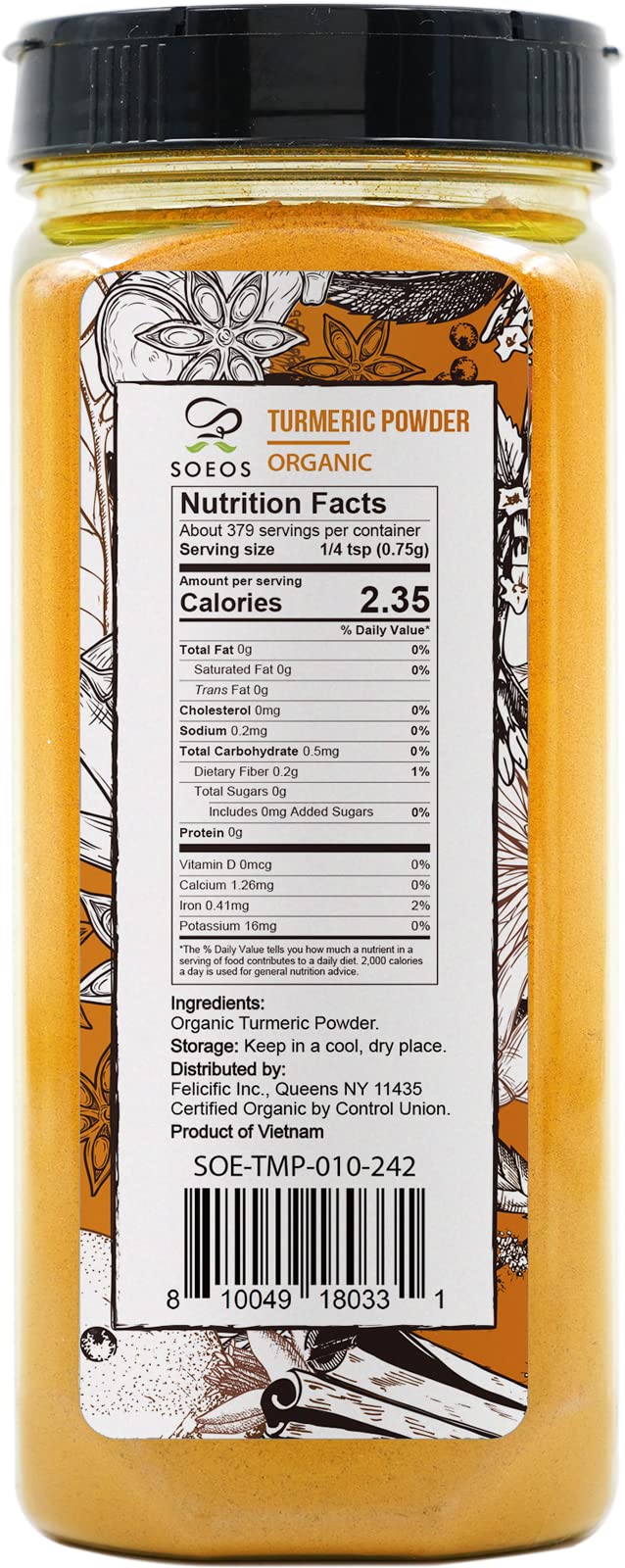 Soeos Organic Turmeric Powder 10Oz (284G), Non-Gmo Verified, Usda Organic, Natural Curcumin, Lab Tested For Purity, Sealed Package To Keep Turmeric Fresh