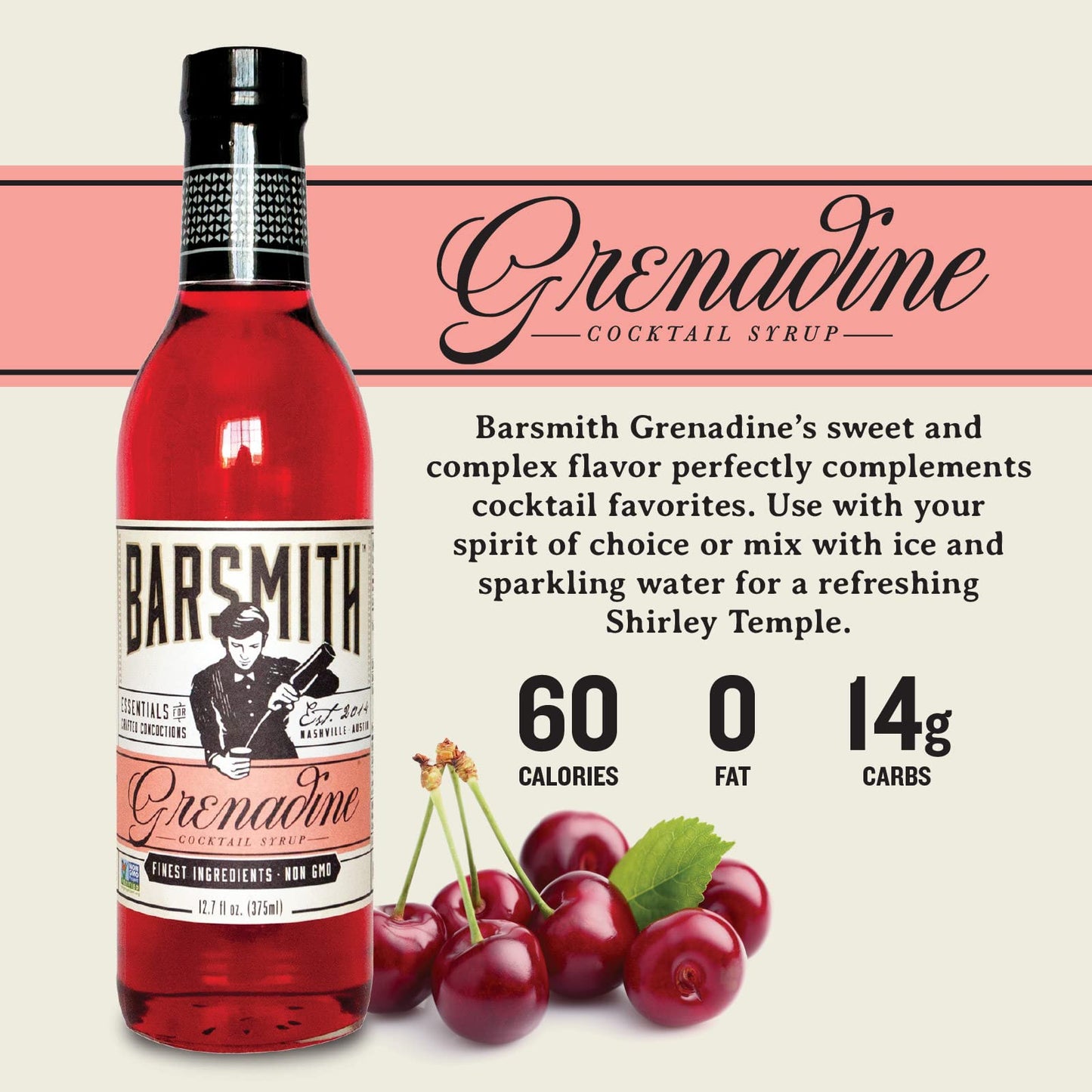 Barsmith Grenadine Syrup, Sweet Cherry Cocktail Mixer, 12.7 Fl Oz, No Artificial Flavors, Non-GMO, Pack of 1