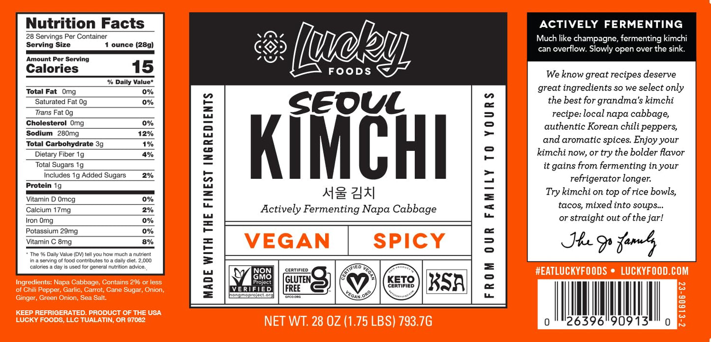 Lucky Foods Seoul Spicy Vegan Kimchi, (28Oz / 1.75 Lbs), Authentic Korean Premium Fermented Napa Cabbage Vegan Kimchi, (Made In