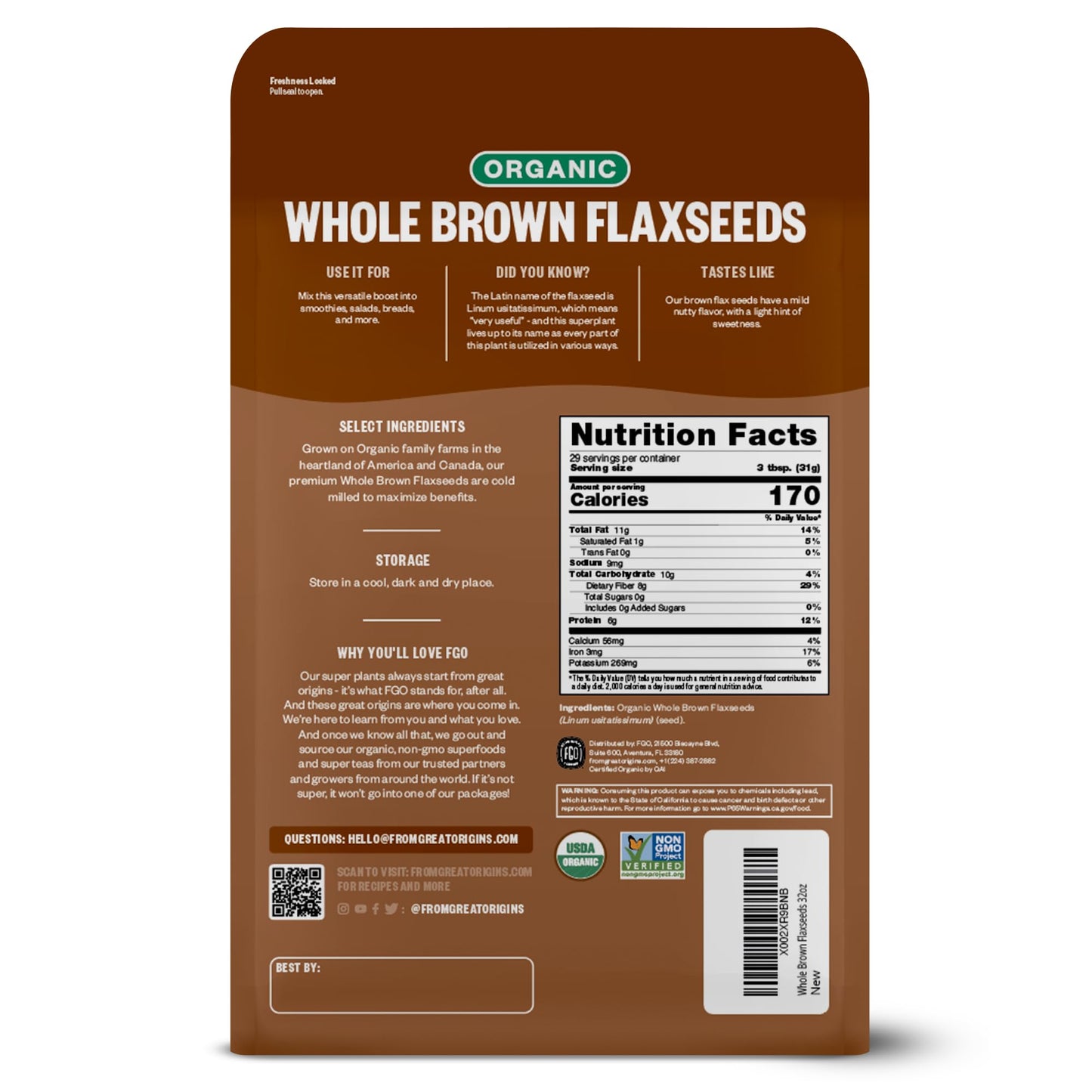 FGO Organic Whole Brown Flax Seeds, Sproutable, 32 oz Resealable Bag, Grown in USA, Non-GMO