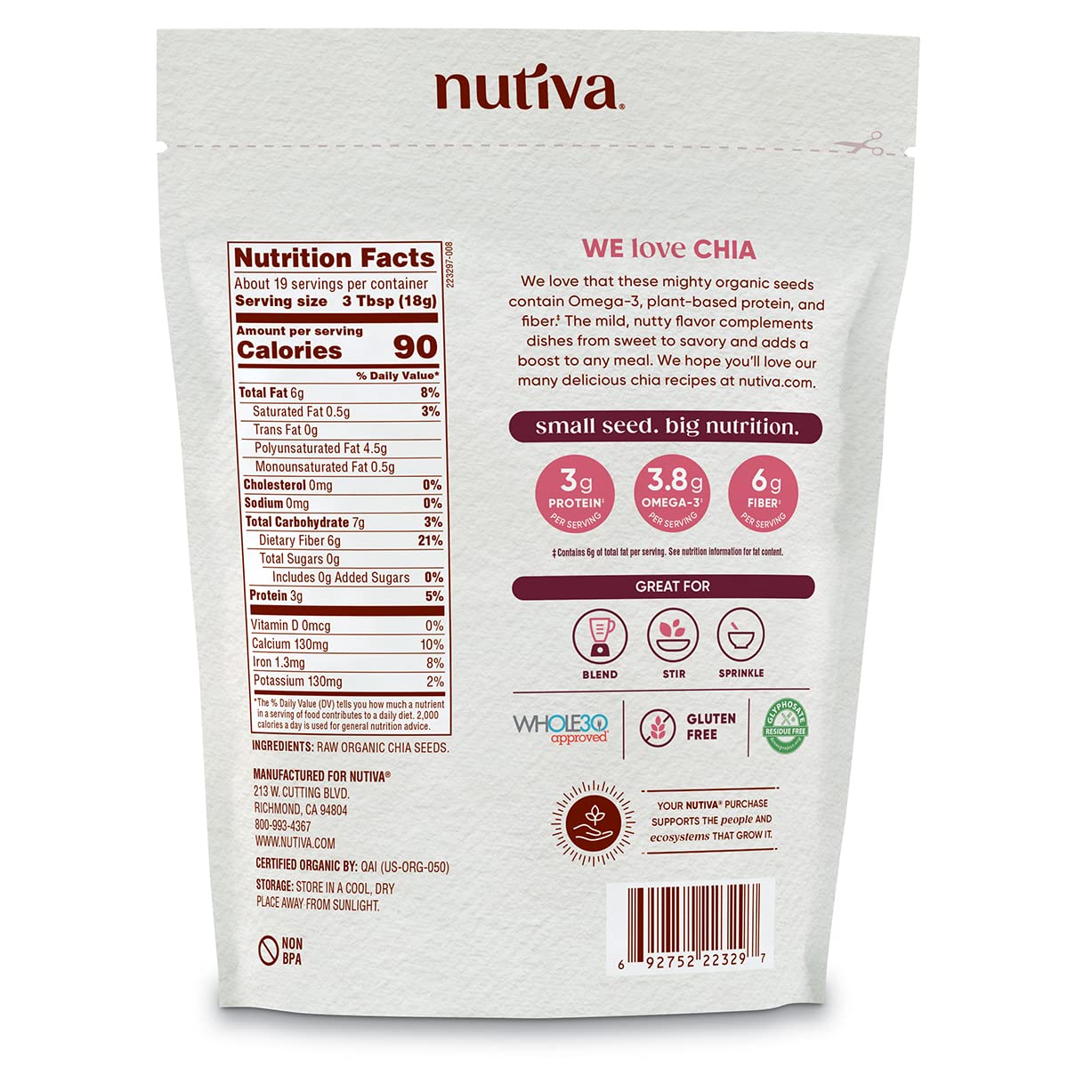 Nutiva Organic Chia Seed, Ground, 12 Ounce