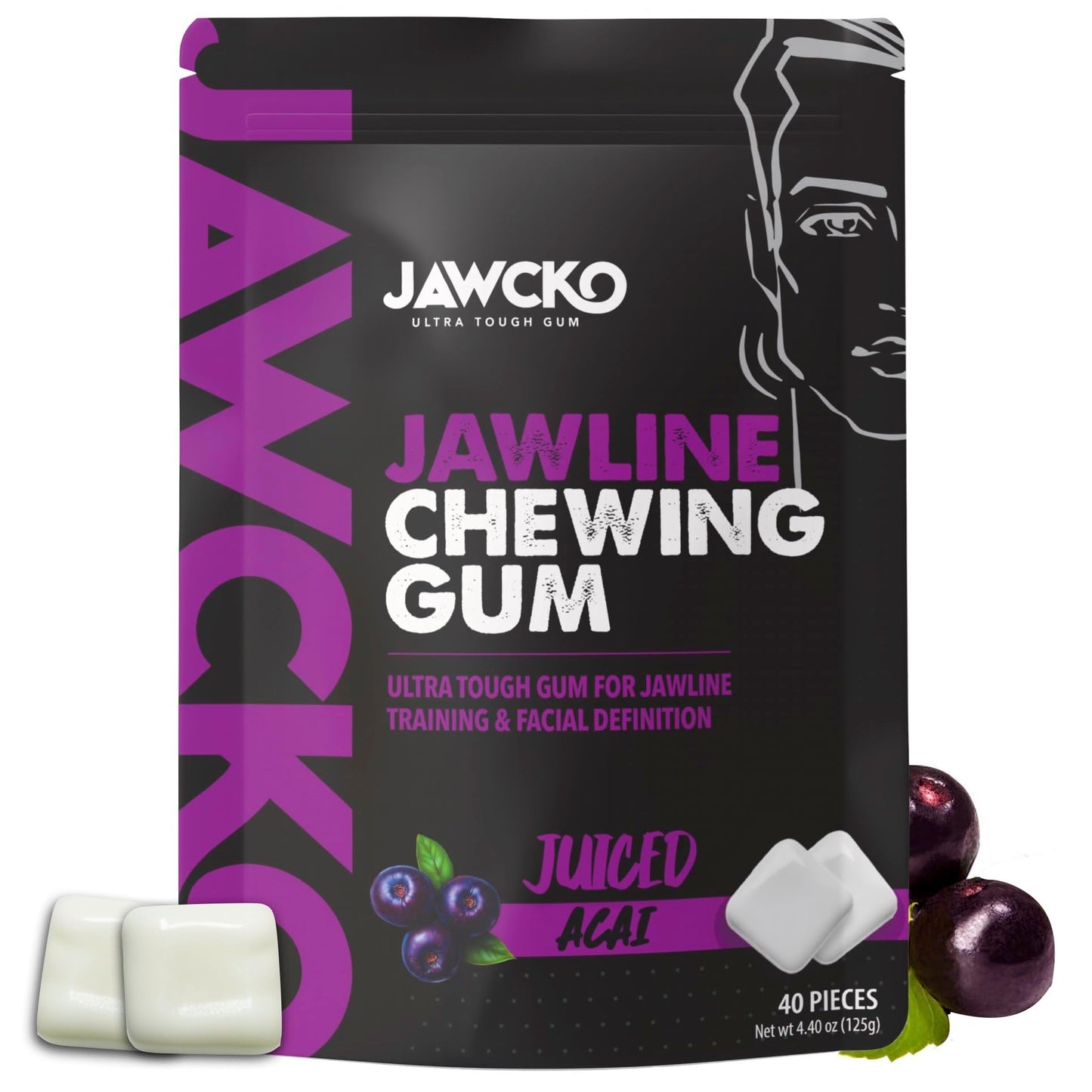 Jawcko Ultra-Tough Jawline Chewing Gum | Get A Stronger  Squarer Jawline | Juiced Acai Jaw Training Hard Gum | Chisel  Sculpt  Tone Your Jaw | 15X Hardness | Facial Fitness Mewing Gum | 40 Pieces/Pack