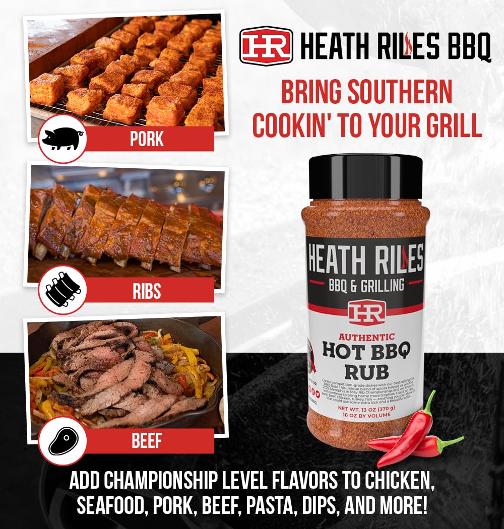 Heath Riles Bbq Rub, Hot Bbq Rub Seasoning, Champion Pitmaster Recipe, Shaker Spice Mix, 13 Oz.