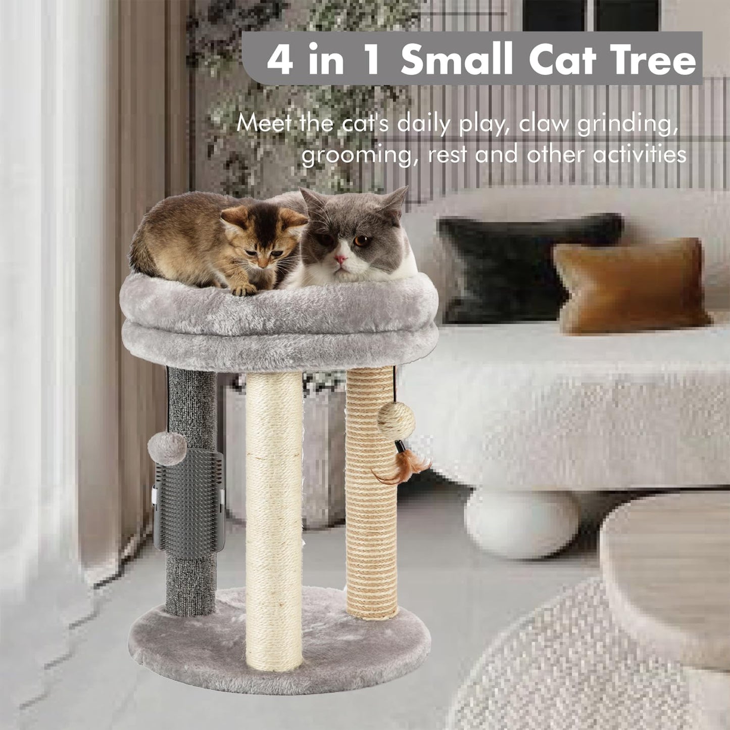 Mecool 4In1 Small Cat Tree,Scratching Post With Tower Soft Cat Bed, Sisal Carpet Jute Posts With Three Hanging Ball Toys And Mas