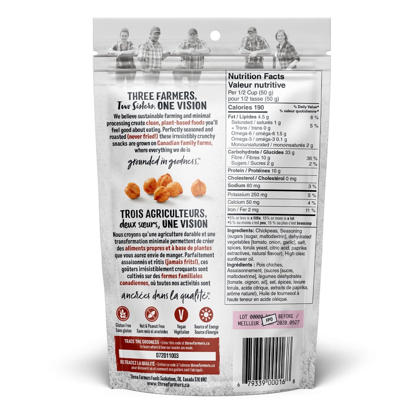 Three Farmers - Roasted Chickpeas Variety Pack | Sea Salt & Lime, Barbecue, & Sea Salt | 3 Pack -4.2oz | Gluten-Free | Vegan | K