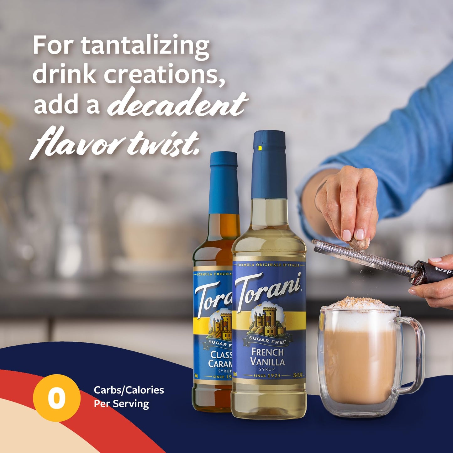 Torani Sugar Free Classic Caramel Syrup And Sugar Free French Vanilla Syrup Variety 2-Pack, Coffee Syrups For Drinks, Pumps Incl
