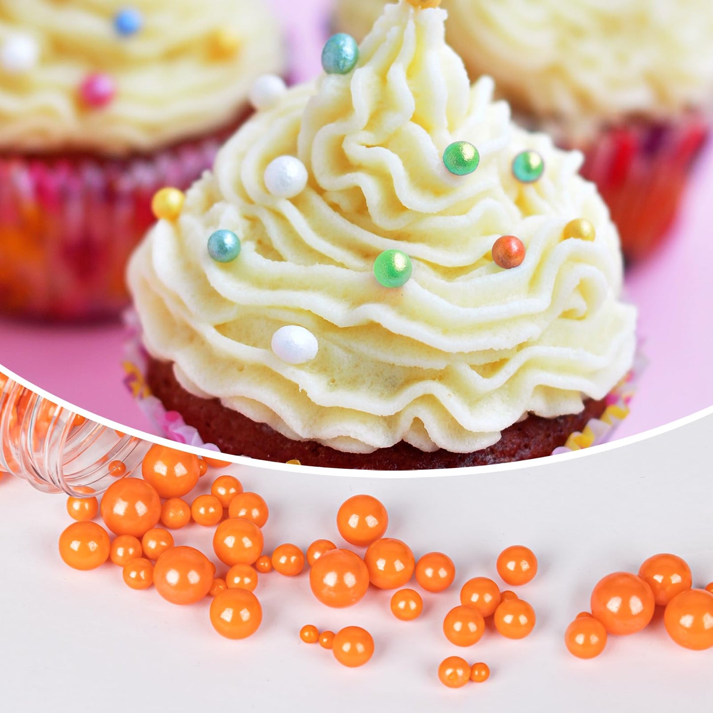 Twisweet Orange Pearl Sprinkles for Cake Decorating, Edible Sugar Pearls for Baking, Mix Size, Cake Topper Cupcake Cookie Ice Cr