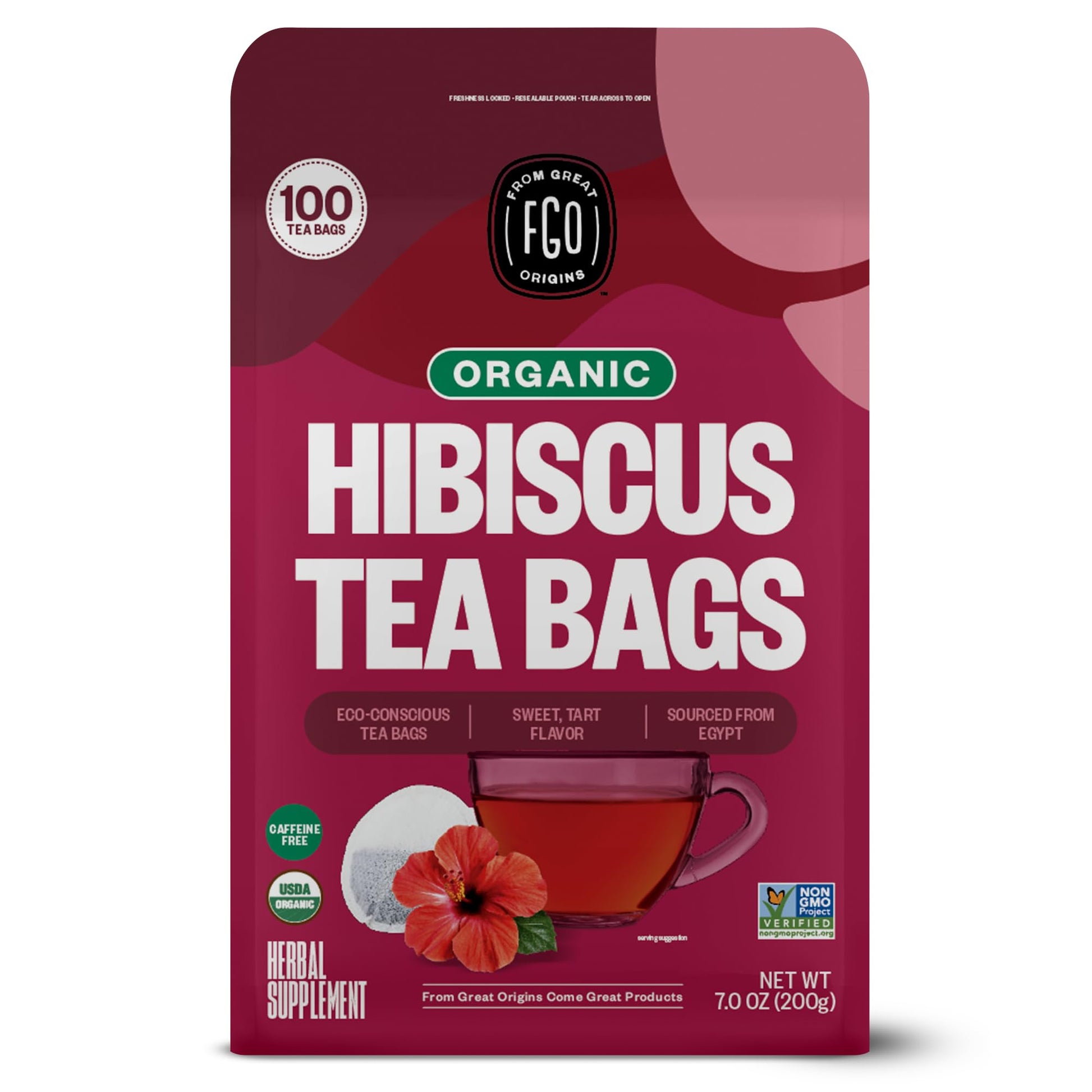 Fgo Organic Hibiscus Tea, 100 Count, Eco-Conscious Tea Bags, Caffeine Free, Packaging May Vary (Pack Of 1)