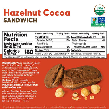 Olyra Hazelnut Cocoa Sandwich Breakfast Biscuits, Healthy Snacks for Adults and Kids, Low Sugar, High Fiber, Organic Vegan Cooki