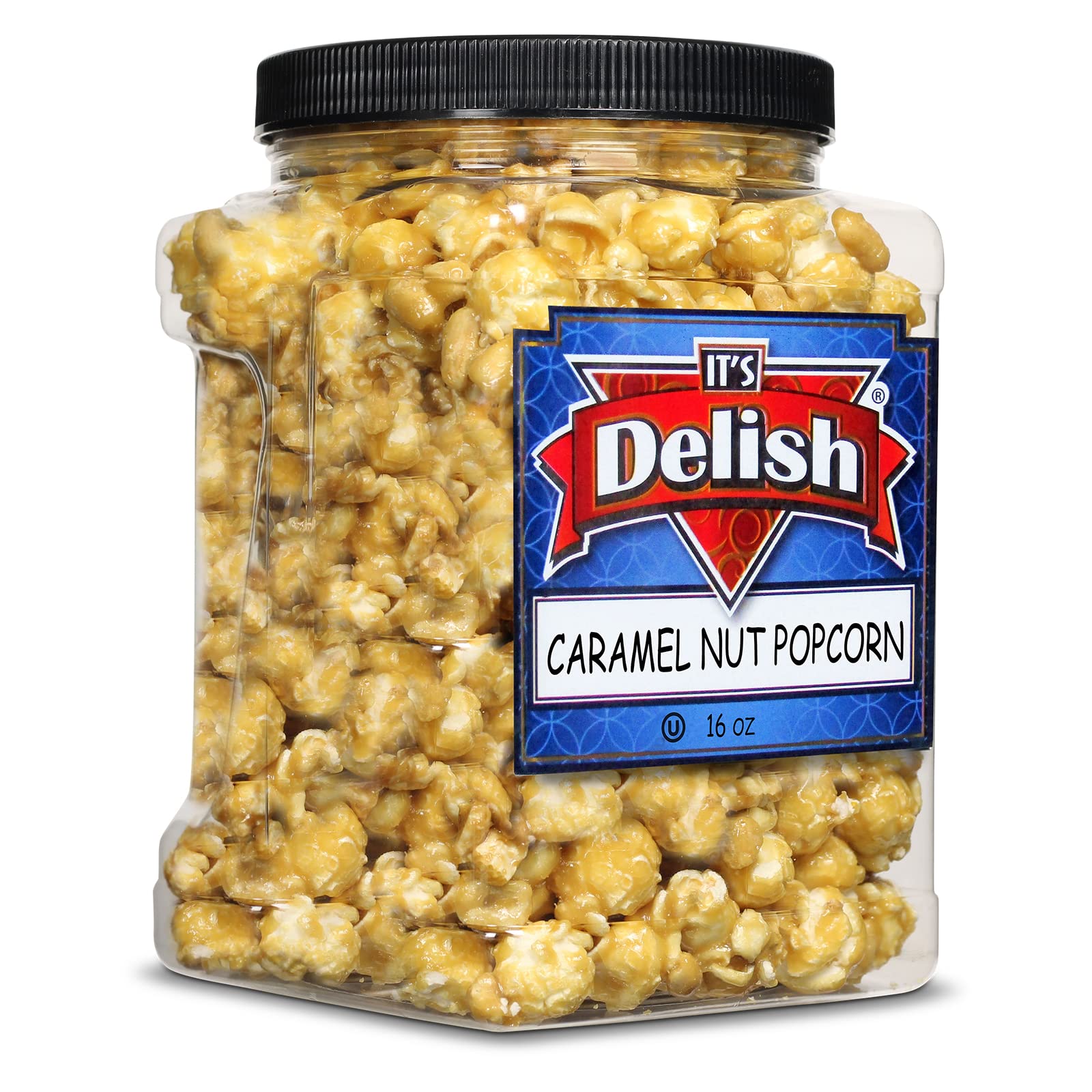 Gourmet Caramel Nut Popcorn with Peanuts by Its Delish, 16 OZ Jumbo Container - Caramel Air Popped Sweet Crunchy Glazed Carmel C