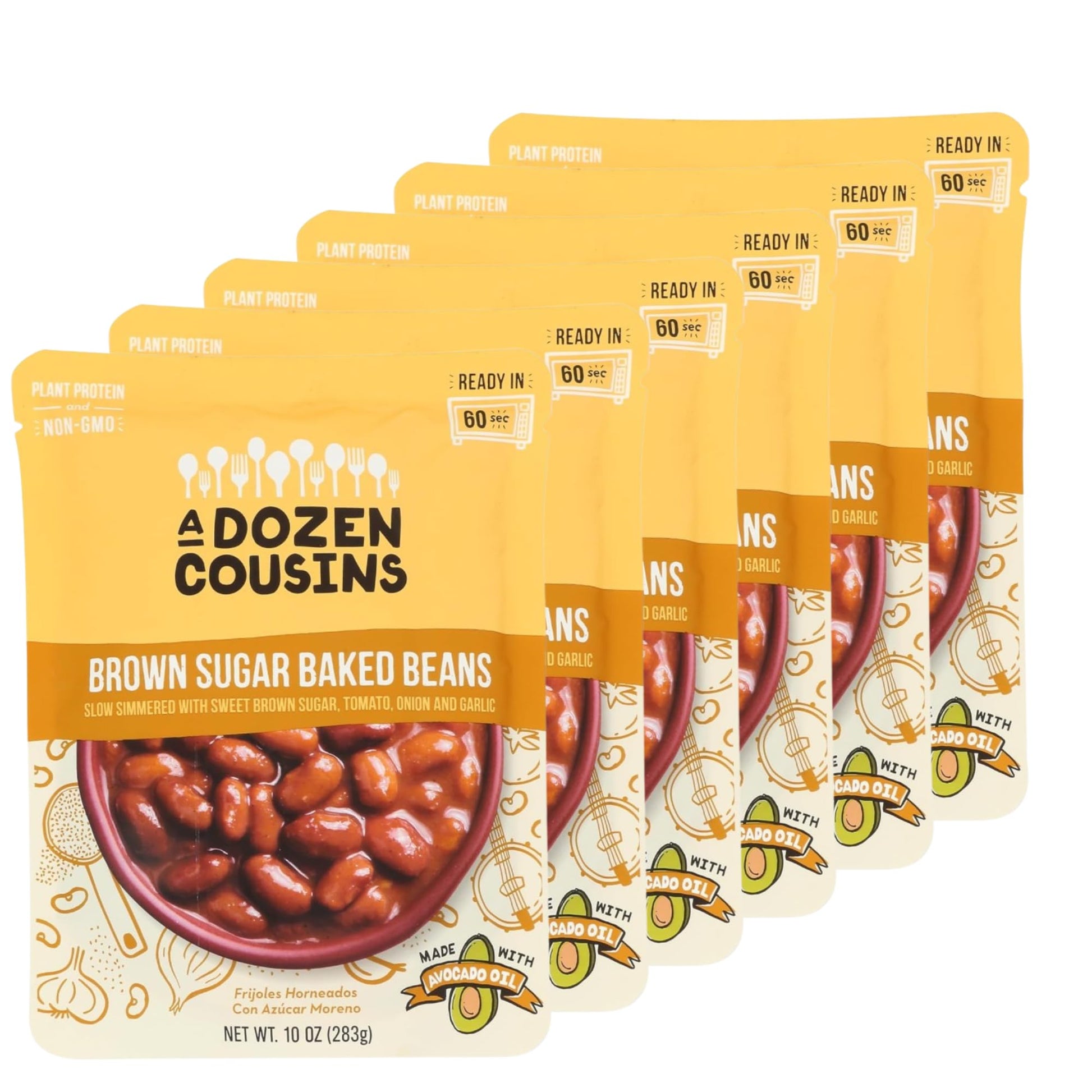 A Dozen Cousins Brown Sugar Baked Beans 10oz (6-Pack) Prepared Food Pouch, Ready to Eat Meal in Seasoned Avocado Oil, Premade Mi
